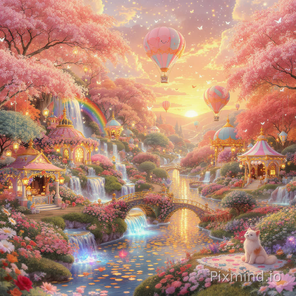 A breathtaking emotional fantasy dreamland themed around joy, healing, warmth, and happiness in a highly detailed cinematic Western storybook illustration style, ultra-wide-angle composition, richly layered magical environment designed especially for a premium jigsaw puzzle, every area overflowing with whimsical details, glowing decorations, and emotionally uplifting fantasy storytelling; scene description: a radiant fantasy world filled with glowing flower valleys, sparkling rainbow waterfalls cascading into crystal-clear rivers, floating lanterns drifting through the sky, whimsical carnival rides illuminated with warm golden lights, cozy pastel-colored cottages surrounded by blooming gardens, and magical forests filled with oversized flowers, crystal trees, glowing vines, and tiny hidden fantasy creatures; heart-shaped clouds float gently above the landscape while hot air balloons decorated with ribbons and floral patterns drift across a luminous sunset sky, casting soft reflections over winding glowing pathways and peaceful lakes; butterflies dance through warm sunlight beams filtering across the environment while smiling celestial creatures, floating stars, magical birds, and tiny woodland animals bring life and playful energy to every corner of the composition; decorative bridges, flower-covered gazebos, candy-colored market stalls, glowing fountains, hanging ribbons, vintage bicycles, picnic blankets, sparkling gemstones, and hidden miniature treasures create rich visual discovery throughout the scene for satisfying puzzle assembly; atmosphere is joyful, comforting, magical, and emotionally soothing, combining cozy fantasy aesthetics with layered cinematic lighting and immersive environmental storytelling designed to evoke warmth and happiness; color palette centered around pastel pink, peach, warm gold, mint green, lavender, soft coral, sky blue, and dreamy sunset tones enhanced by glowing magical highlights and atmospheric light diffusion; ultra-detailed hand-painted illustration, highly intricate composition, no empty spaces, authentic whimsical fantasy aesthetic, collectible puzzle artwork, masterpiece, 8k resolution, magical realism, Pinterest fantasy decor aesthetic, dopamine color palette, emotionally uplifting atmosphere, no text, no watermark, no AI artifacts, no repetitive patterns