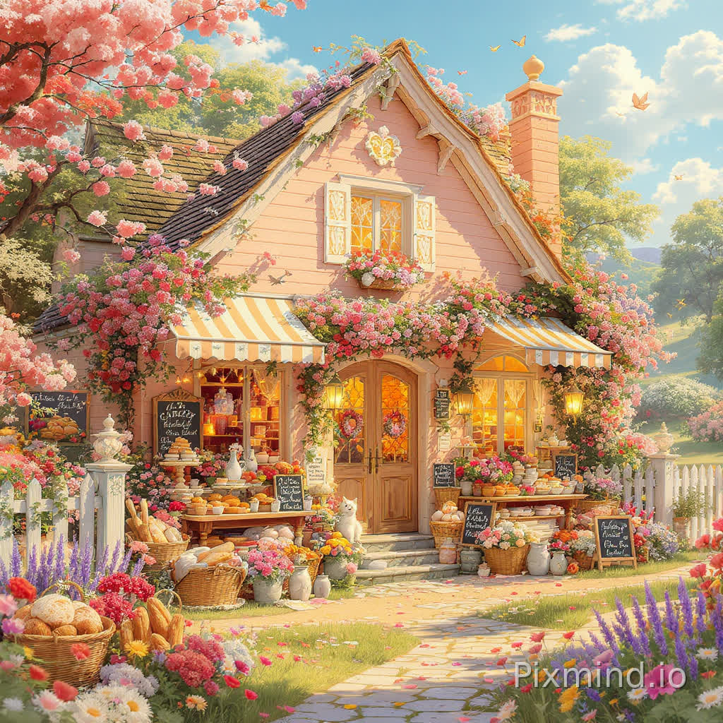 A cozy countryside bakery cottage surrounded by blooming folwers in a highly detailed warm Western fairytale illustration style, medium-distance front-facing composition, symmetrical and richly layered environment designed especially for a premium 1000-piece jigsaw puzzle, every area filled with charming bakery details, floral textures, and immersive countryside storytelling; scene description: a beautiful pastel peach-colored wooden bakery cottage viewed from the front at eye level, centered within the composition and framed by lush flower gardens overflowing with roses, lavender, daisies, hydrangeas, and climbing ivy, featuring striped awnings, lace-curtained glowing windows, flower boxes beneath every window, and rustic wooden doors decorated with hanging wreaths and ribbons; directly in front of the bakery, rustic display tables are filled with fresh bread loaves, croissants, cupcakes, macarons, fruit tarts, decorative cakes, jam jars, and pastries arranged beside vintage teapots, woven baskets, milk bottles, and handwritten chalkboard menus, creating a warm and inviting storefront atmosphere; warm golden sunlight illuminates the bakery façade and colorful flowers while birds perch near the windows, butterflies drift through the air, and a fluffy white cat naps peacefully beside baskets of bread and flower pots near the entrance steps; additional hidden details such as rolling pins, scattered recipe cards, watering cans, tiny strawberries, flower petals, antique lanterns, bicycles, stacked crates, picnic blankets, and decorative pastries create rich visual discovery throughout the composition for satisfying puzzle assembly; winding stone pathways and white wooden fences frame the foreground while soft rolling countryside hills and distant trees remain subtly visible behind the bakery beneath a bright blue sky with fluffy clouds; atmosphere is cheerful, cozy, nostalgic, and emotionally comforting, blending cottagecore bakery aesthetics with whimsical countryside fairytale charm and layered cinematic daylight; color palette centered around pastel peach, butter yellow, cream white, rosy pink, sage green, lavender, and soft sky blue tones enhanced by glowing natural sunlight and rich decorative textures; ultra-detailed hand-painted illustration, highly intricate composition, no empty spaces, authentic cozy fairytale aesthetic, collectible puzzle artwork, masterpiece, 8k resolution, Pinterest cottagecore aesthetic, immersive decorative realism, no text, no watermark, no AI artifacts, no repetitive patterns