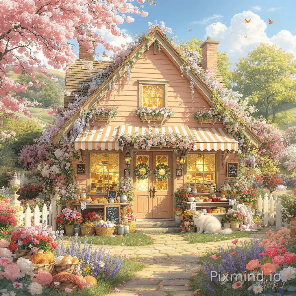 A cozy countryside bakery wooden cottage surrounded by blooming folwers in a highly detailed warm Western hyper-realistic illustration style, medium-distance front-facing composition, symmetrical environment designed especially for a premium jigsaw puzzle, every area filled with charming bakery details, floral textures, and immersive countryside storytelling; scene description: a beautiful pastel peach-colored wooden bakery cottage viewed from the front at eye level, centered within the composition and framed by lush flower gardens overflowing with roses, lavender, daisies, hydrangeas, and climbing ivy, featuring striped awnings, lace-curtained glowing windows, flower boxes beneath every window, and rustic wooden doors decorated with hanging wreaths and ribbons; directly in front of the bakery, rustic display tables are filled with fresh bread loaves, croissants, cupcakes, macarons, fruit tarts, decorative cakes, jam jars, and pastries arranged beside vintage teapots, woven baskets, milk bottles, and handwritten chalkboard menus, creating a warm and inviting storefront atmosphere; warm golden sunlight illuminates the bakery façade and colorful flowers while birds perch near the windows, butterflies drift through the air, and a fluffy white cat naps peacefully beside baskets of bread and flower pots near the entrance steps; additional hidden details such as rolling pins, scattered recipe cards, watering cans, tiny strawberries, flower petals, antique lanterns, bicycles, stacked crates, picnic blankets, and decorative pastries create rich visual discovery throughout the composition for satisfying puzzle assembly; winding stone pathways and white wooden fences frame the foreground while soft rolling countryside hills and distant trees remain subtly visible behind the bakery beneath a bright blue sky with fluffy clouds; atmosphere is cheerful, cozy, nostalgic, and emotionally comforting, blending cottagecore bakery aesthetics with whimsical countryside fairytale charm and layered cinematic daylight; color palette centered around pastel peach, butter yellow, cream white, rosy pink, sage green, lavender, and soft sky blue tones enhanced by glowing natural sunlight and rich decorative textures; ultra-detailed hand-painted illustration, highly intricate composition, no empty spaces, authentic cozy fairytale aesthetic, collectible puzzle artwork, masterpiece, 8k resolution, Pinterest cottagecore aesthetic, immersive decorative realism, no text, no watermark, no AI artifacts, no repetitive patterns