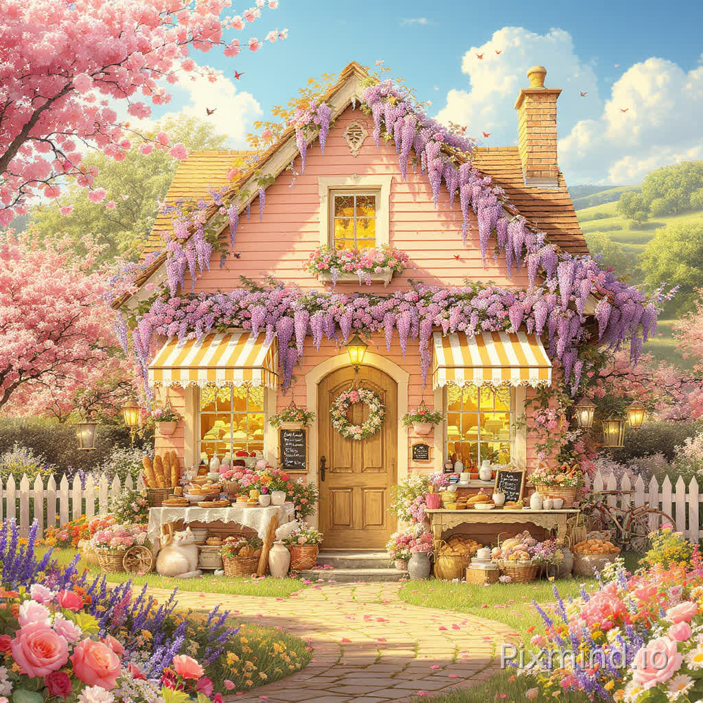 A cozy countryside bakery wooden cottage surrounded by blooming folwers in a highly detailed warm Western hyper-realistic illustration style, close-distance front-facing composition, symmetrical environment designed especially for a premium jigsaw puzzle, every area filled with charming bakery details, floral textures, and immersive countryside storytelling; scene description: a beautiful pastel peach-colored wooden bakery cottage viewed from the front at eye level, centered within the composition and framed by lush flower gardens overflowing with roses, lavender, daisies, hydrangeas, and climbing ivy, featuring striped awnings, lace-curtained glowing windows, flower boxes beneath every window, and rustic wooden doors decorated with hanging wreaths and ribbons; directly in front of the bakery, rustic display tables are filled with fresh bread loaves, croissants, cupcakes, macarons, fruit tarts, decorative cakes, jam jars, and pastries arranged beside vintage teapots, woven baskets, milk bottles, and handwritten chalkboard menus, creating a warm and inviting storefront atmosphere; warm golden sunlight illuminates the bakery façade and colorful flowers while birds perch near the windows, butterflies drift through the air, and a fluffy white cat naps peacefully beside baskets of bread and flower pots near the entrance steps; additional hidden details such as rolling pins, scattered recipe cards, watering cans, tiny strawberries, flower petals, antique lanterns, bicycles, stacked crates, picnic blankets, and decorative pastries create rich visual discovery throughout the composition for satisfying puzzle assembly; winding stone pathways and white wooden fences frame the foreground while soft rolling countryside hills and distant trees remain subtly visible behind the bakery beneath a bright blue sky with fluffy clouds; atmosphere is cheerful, cozy, nostalgic, and emotionally comforting, blending cottagecore bakery aesthetics with whimsical countryside fairytale charm and layered cinematic daylight; color palette centered around pastel peach, butter yellow, cream white, rosy pink, sage green, lavender, and soft sky blue tones enhanced by glowing natural sunlight and rich decorative textures; ultra-detailed hand-painted illustration, highly intricate composition, no empty spaces, authentic cozy fairytale aesthetic, collectible puzzle artwork, masterpiece, 8k resolution, Pinterest cottagecore aesthetic, immersive decorative realism, no text, no watermark, no AI artifacts, no repetitive patterns
