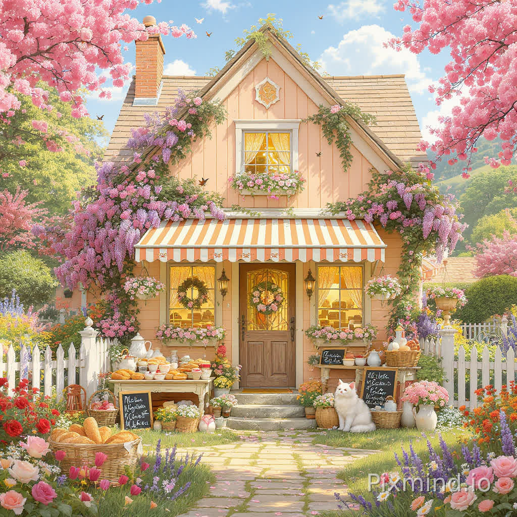 A cozy countryside bakery single layer wooden cottage surrounded by blooming folwers in a highly detailed warm Western hyper-realistic illustration style, close-distance front-facing composition, symmetrical environment designed especially for a premium jigsaw puzzle, every area filled with charming bakery details, floral textures, and immersive countryside storytelling; scene description: a beautiful pastel peach-colored wooden bakery cottage viewed from the front at eye level, centered within the composition and framed by lush flower gardens overflowing with roses, lavender, daisies, hydrangeas, and climbing ivy, featuring striped awnings, lace-curtained glowing windows, flower boxes beneath every window, and rustic wooden doors decorated with hanging wreaths and ribbons; directly in front of the bakery, rustic display tables are filled with fresh bread loaves, croissants, cupcakes, macarons, fruit tarts, decorative cakes, jam jars, and pastries arranged beside vintage teapots, woven baskets, milk bottles, and handwritten chalkboard menus, creating a warm and inviting storefront atmosphere; warm golden sunlight illuminates the bakery façade and colorful flowers while birds perch near the windows, butterflies drift through the air, and a fluffy white cat naps peacefully beside baskets of bread and flower pots near the entrance steps; additional hidden details such as rolling pins, scattered recipe cards, watering cans, tiny strawberries, flower petals, antique lanterns, bicycles, stacked crates, picnic blankets, and decorative pastries create rich visual discovery throughout the composition for satisfying puzzle assembly; winding stone pathways and white wooden fences frame the foreground while soft rolling countryside hills and distant trees remain subtly visible behind the bakery beneath a bright blue sky with fluffy clouds; atmosphere is cheerful, cozy, nostalgic, and emotionally comforting, blending cottagecore bakery aesthetics with whimsical countryside fairytale charm and layered cinematic daylight; color palette centered around pastel peach, butter yellow, cream white, rosy pink, sage green, lavender, and soft sky blue tones enhanced by glowing natural sunlight and rich decorative textures; ultra-detailed hand-painted illustration, highly intricate composition, no empty spaces, authentic cozy fairytale aesthetic, collectible puzzle artwork, masterpiece, 8k resolution, Pinterest cottagecore aesthetic, immersive decorative realism, no text, no watermark, no AI artifacts, no repetitive patterns