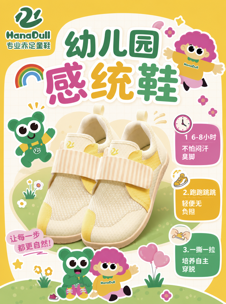设计一张宣传海报,图一是IP元素,可以选择其中的使用,图二是logo,图3是产品主图,标题:幼儿园 感统鞋。搭配小图标:1. 6-8小时
不怕闷汗臭脚
2. 跑跑跳跳
轻便无负担
3. 一撕一拉
培养自主穿脱