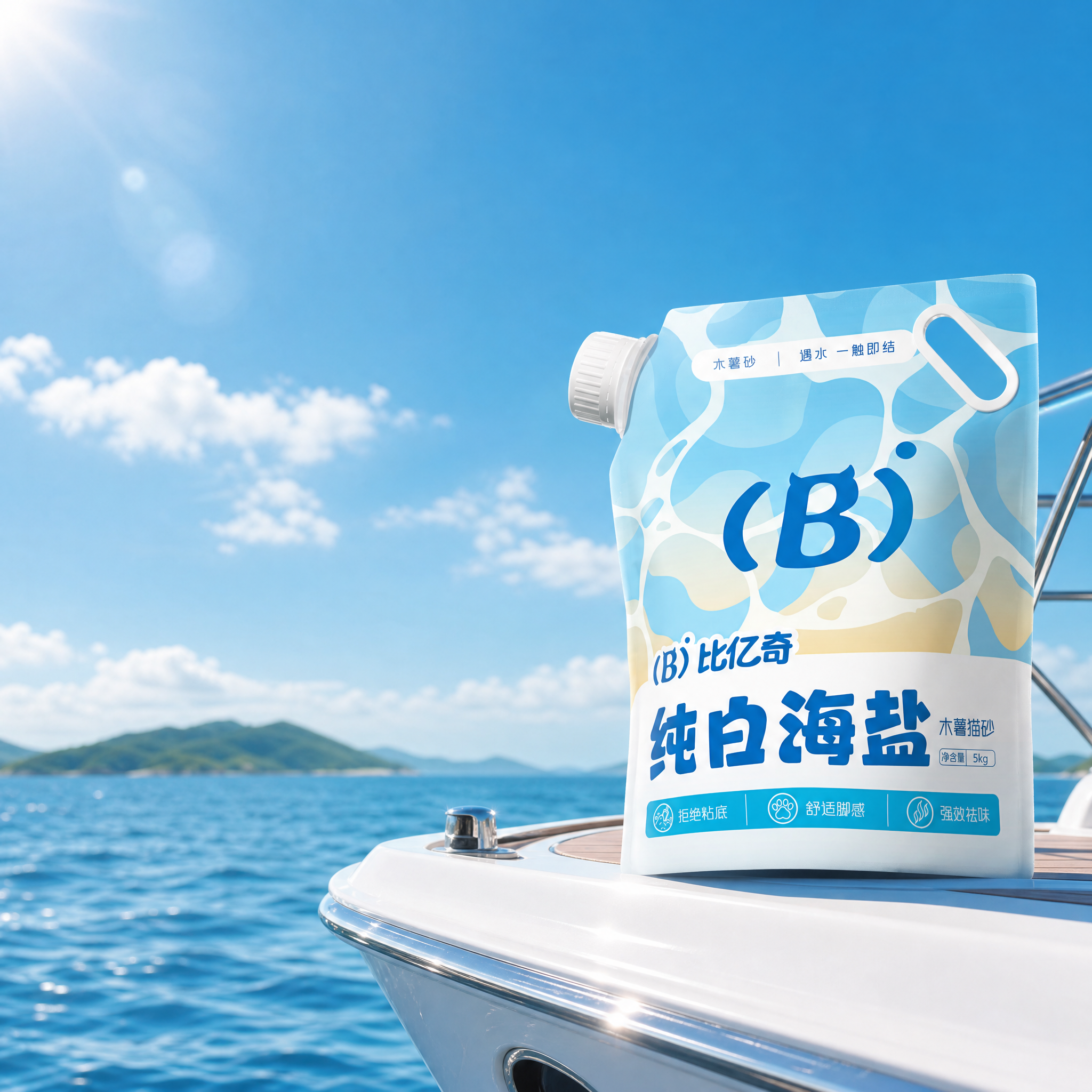 背景是干净的蓝天和大海,海平线上有小岛,天空的云是松散的,柔焦摄影,光源在左上角,仰视视角度,画面右边漏出一半白色的小型游艇船头,上面放着我给的包装,包装是主体靠近画面右边边缘,蓝天和包装的颜色要区分开来,高级商业大片广告摄影风,整体干净明亮简洁