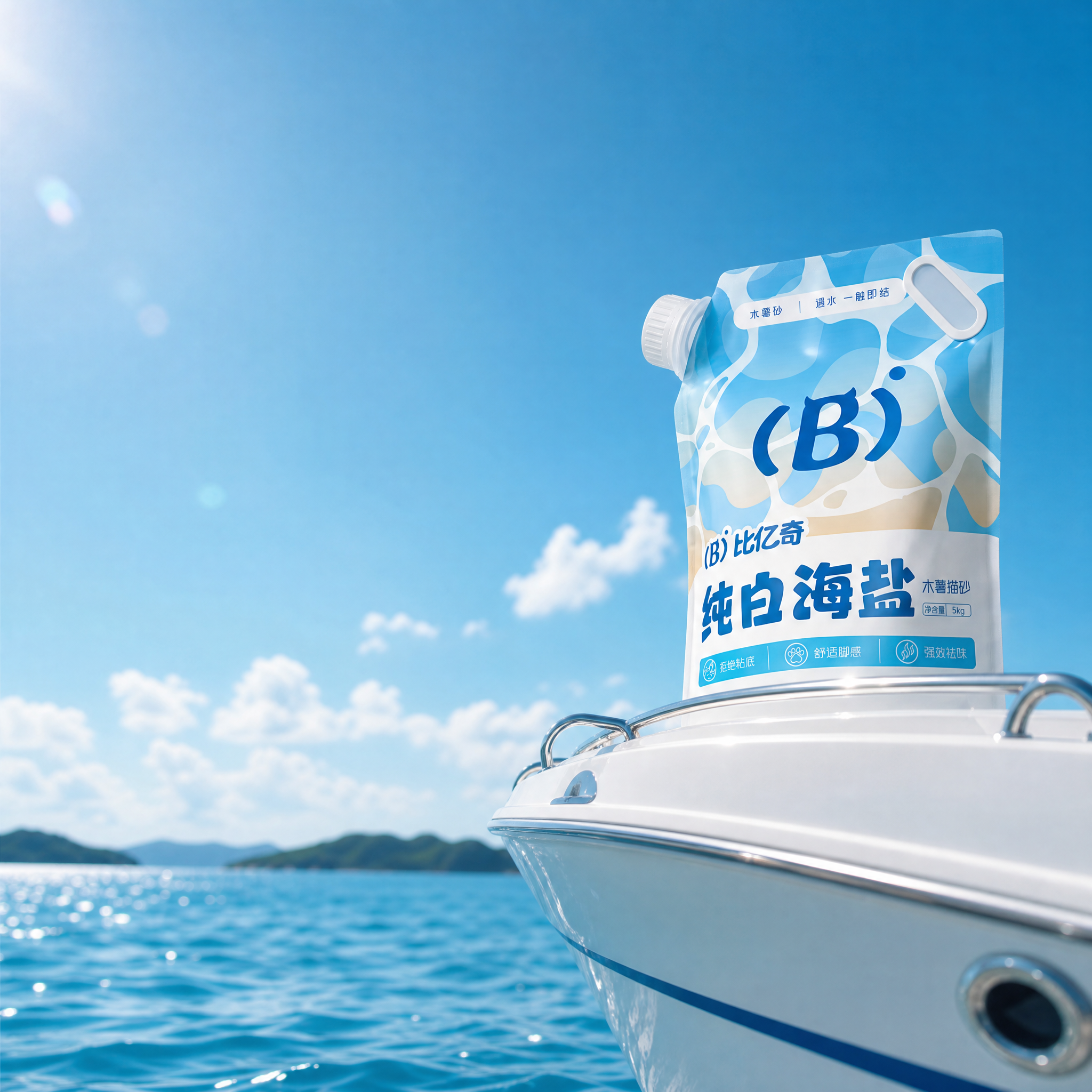 背景是干净的蓝天和大海,海平线上有小岛,柔焦摄影,光源在左上角,仰视视角度,画面右边漏出一半白色的小型游艇船头,上面放着我给的包装,包装是主体靠近画面右边边缘,蓝天和包装的颜色要区分开来,高级商业大片广告摄影风,整体干净明亮简洁