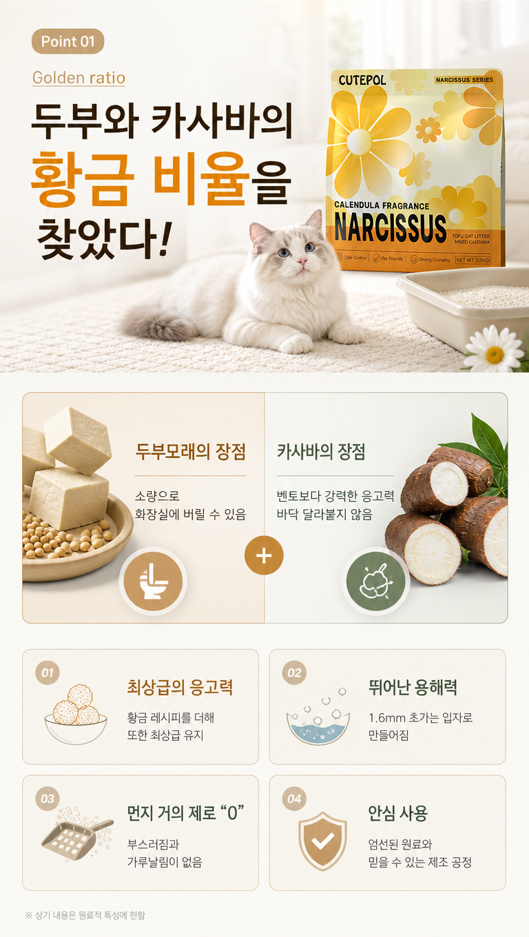 给这张猫砂产品(图2)韩国详情卖点页做些设计改变,让他更符合韩国详情页的风格,文案:1.Point 01 2.Golden ratio 3.두부와 카사바의 황금 비율을 찾았다! 4.두부모래의 장점 소량으로 화장실에 버릴 수 있음 5.카사바의 장점 벤토보다 강력한 응고력 바닥 달라붙지 않음 6.최상급의 응고력 황금 레시피를 더해 또한 최상급 유지 7.뛰어난 용해력 1.6mm 초가는 입자로 만들어짐 8.먼지 거의 제로 "0" 부스러짐과 가루날림이 없음