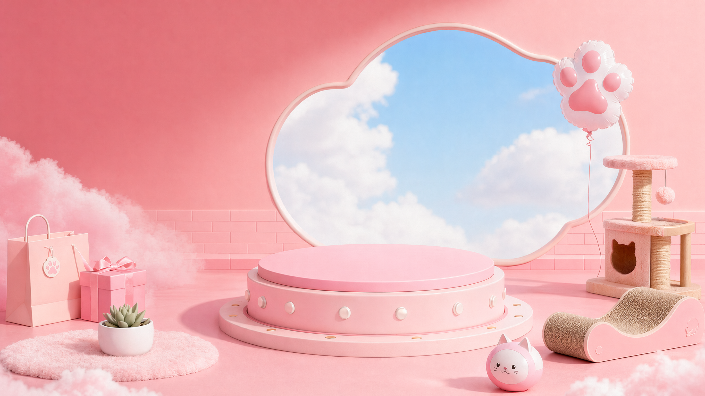 3D rendered e-commerce product display background, sweet and dreamy pet-themed style, centered composition with a pink round display platform in the middle. The background is a soft gradient pink wall with a cloud-shaped window revealing blue sky and white clouds outside. Decorative elements include a cat paw-shaped balloon, a pastel cat tree, a cat scratcher, pink gift boxes, a small succulent plant in a white pot, and a cute cat figurine at the bottom, with a light pink brick wall base and soft pink cloud mist in the foreground. The color palette is dominated by soft cherry blossom pink and milky white, accented with light wood tones and pale green. Gentle studio lighting with a subtle dreamy glow creates a warm and cute atmosphere. High detail, photorealistic textures, soft diffused shadows, commercial e-commerce product scene style, clean and bright tones.