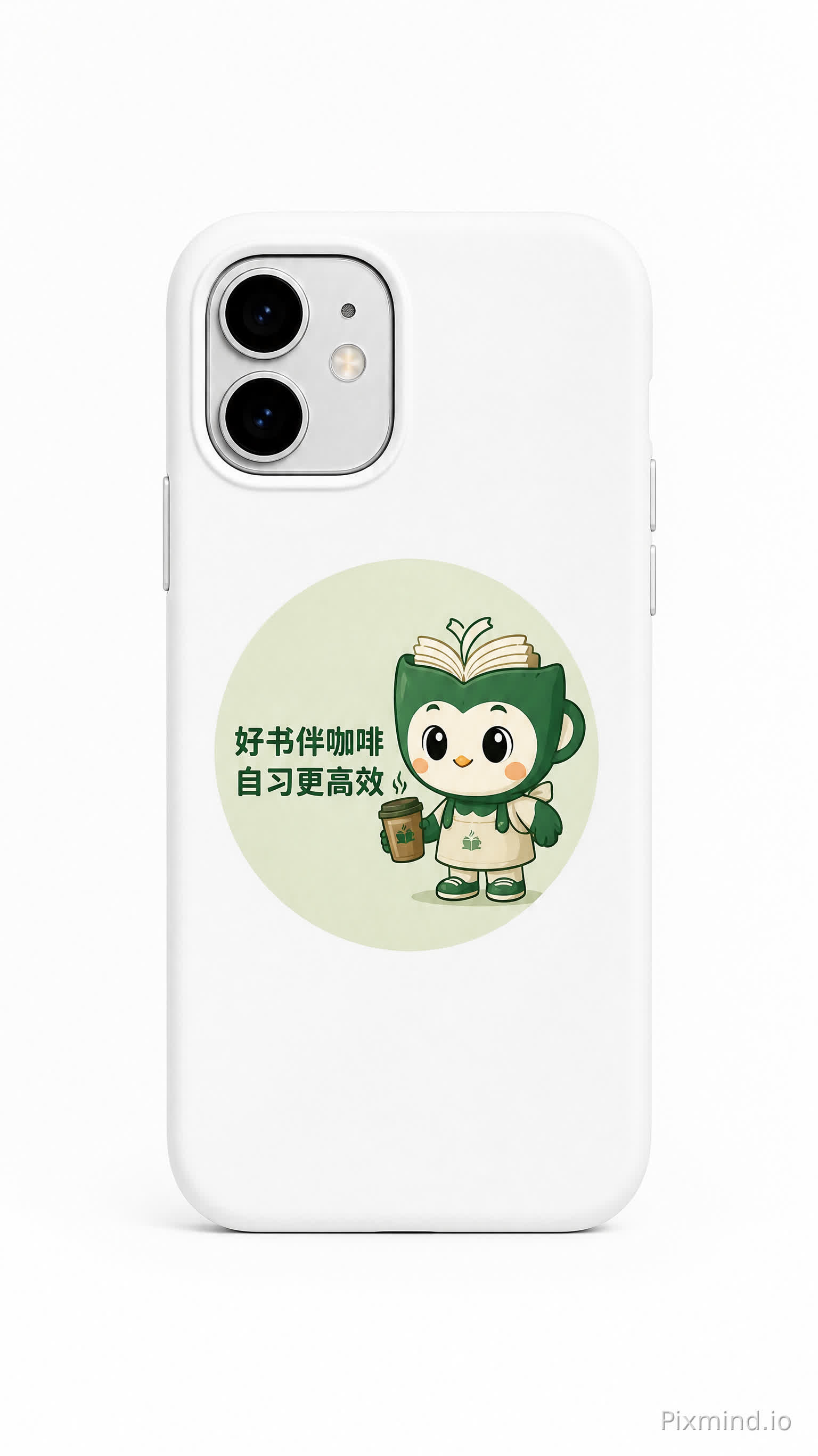 一个现代白色智能手机壳,背面贴有一个圆形贴纸。贴纸上有一个可爱的卡通形象,是一个绿色、大眼睛的猫头鹰状生物,手里拿着一个咖啡杯。卡通形象旁边清晰地显示着中文文字“好书伴咖啡 自习更高效”,字体友好易读。贴纸背景为浅绿色。手机壳本身干净简洁,呈现在明亮、光线充足的摄影棚环境中。高分辨率产品摄影,纯白背景,柔和阴影。