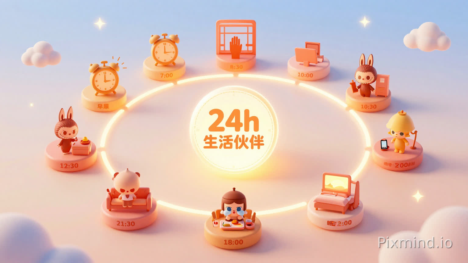 帮我生成图片:柔和立体风格概念插画,轻微3D渲染,圆润光影,暖橙色、柔粉色、淡蓝色。中心是发光圆形徽章,写有中英文“24h 生活伙伴”,徽章边缘有品牌名小字。周围顺时针分布八个立体小圆盘,代表一天中八个时刻:早晨7:00(闹钟+阳光+窗边MOLLY剪影)、通勤8:30(地铁车厢+手持DIMOO剪影的手)、工位10:00(电脑+桌面LABUBU剪影)、午餐12:30(餐盒+SKULLPANDA剪影)、傍晚18:00(夕阳+回家路上HIRONO剪影)、晚餐19:30(餐桌+餐具+CRYBABY剪影)、放松21:00(沙发+手机+MOLLY剪影)、晚安23:00(台灯+床+DIMOO剪影)。场景间用发光曲线连接成圆形时间线。背景浅色渐变天空点缀星光云朵。IP仅用剪影,不绘制五官。16:9,底部10%留白。