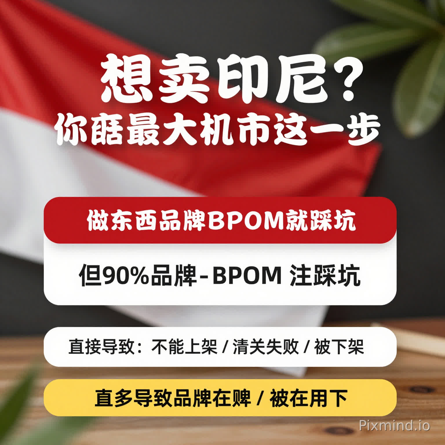 标题:
想卖印尼?
你可能卡在BPOM这一步❗
副标题:
很多品牌都栽在这里…
文案:
做东南亚的都知道👇
印尼=最大机会市场🇮🇩
但90%品牌第一步就踩坑:
👉 没做 BPOM 注册
❌ 直接导致:不能上架 / 清关失败 / 被下架
👉 你准备好了吗?