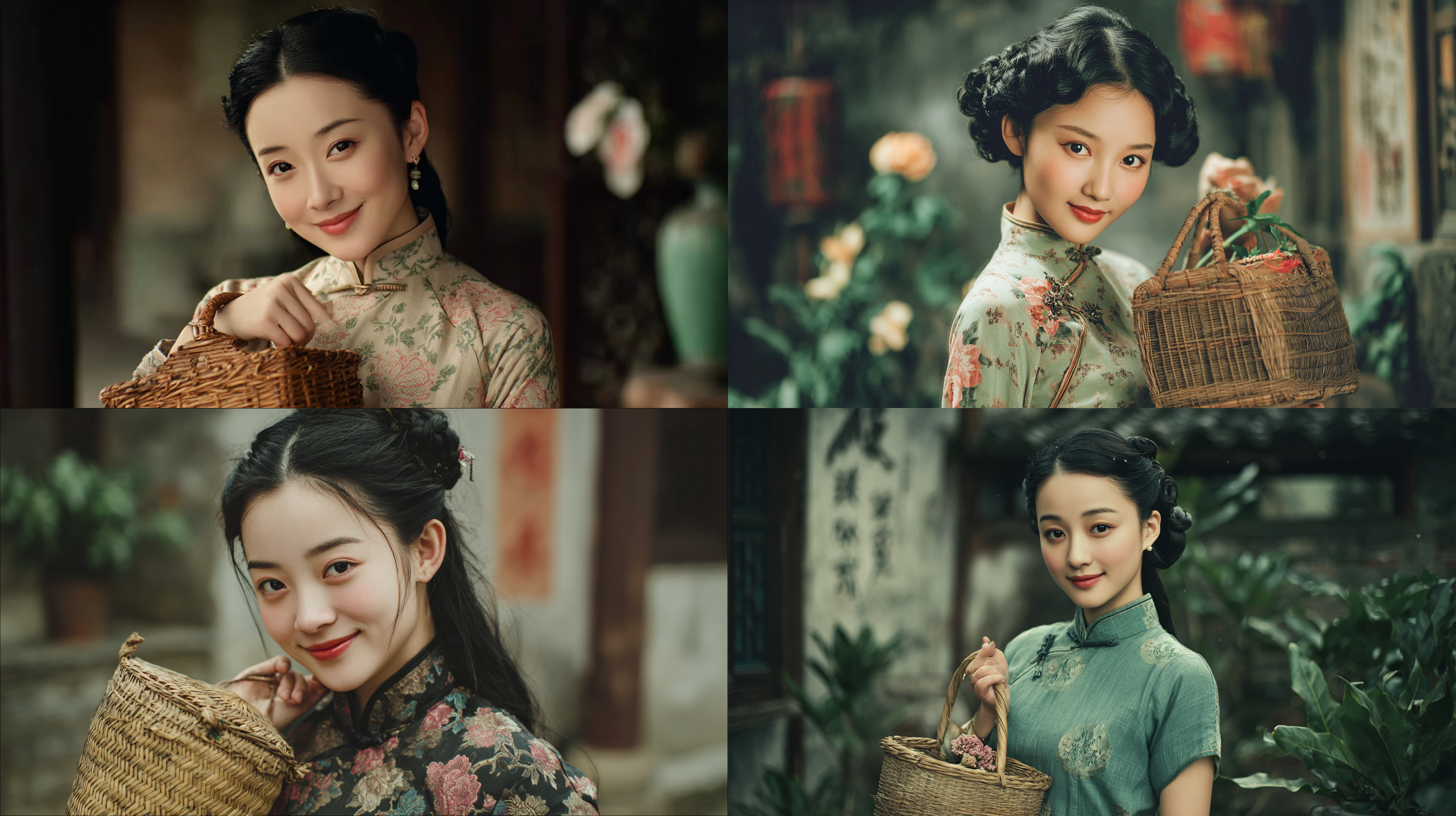 古典东方绝色美女,乌黑柔顺长发,温婉鹅蛋脸,眉眼秀气灵动,浅浅温柔微笑,身着复古素雅旗袍,身姿窈窕优雅,双手轻提竹编小花篮,民国江南风情,庭院古风场景,工笔画风格,细腻写实,氛围感拉满,高清 8K,精致五官,柔和自然光,古典韵味十足