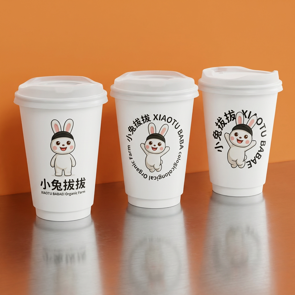 选用图三的兔子形象 ,图一背景文字全部去除英文 数字 将进行品牌萝卜的物料延展设计 图一物料样机不变 将: 小兔拔拔 XIAOTU BABAEcological Organic Farm 文案融入 杯子外表面的包装设计,将图四替换到图一 生成4k高清大图 尺寸1920*1080