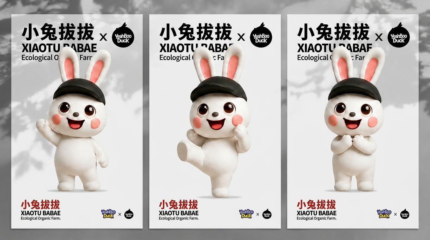 将图一至图三的兔子动作 替换到图四中下方的兔子动作 其他不变 进行品牌萝卜的物料延展设计 小兔拔拔 XIAOTU BABAEcological Organic Farm 文案融入 其中 1920*1080