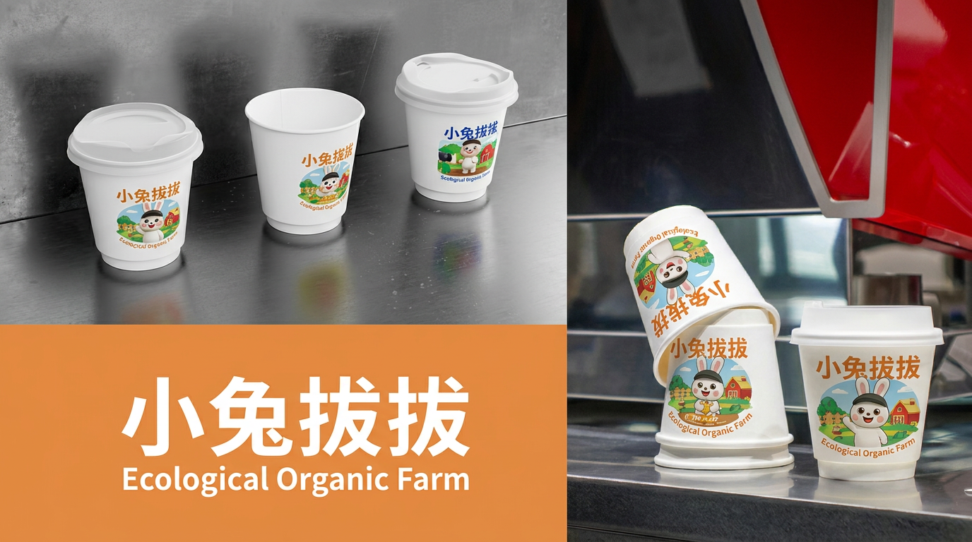 图一排版样式不变, 选用图三的兔子形象 ,图一背景文字全部去除英文 数字 将进行品牌萝卜的物料延展设计 图一物料样机不变 将: 小兔拔拔 XIAOTU BABAEcological Organic Farm 文案融入 杯子外表面的包装设计,将图四替换到图一 生成4k高清大图 尺寸1920*1080