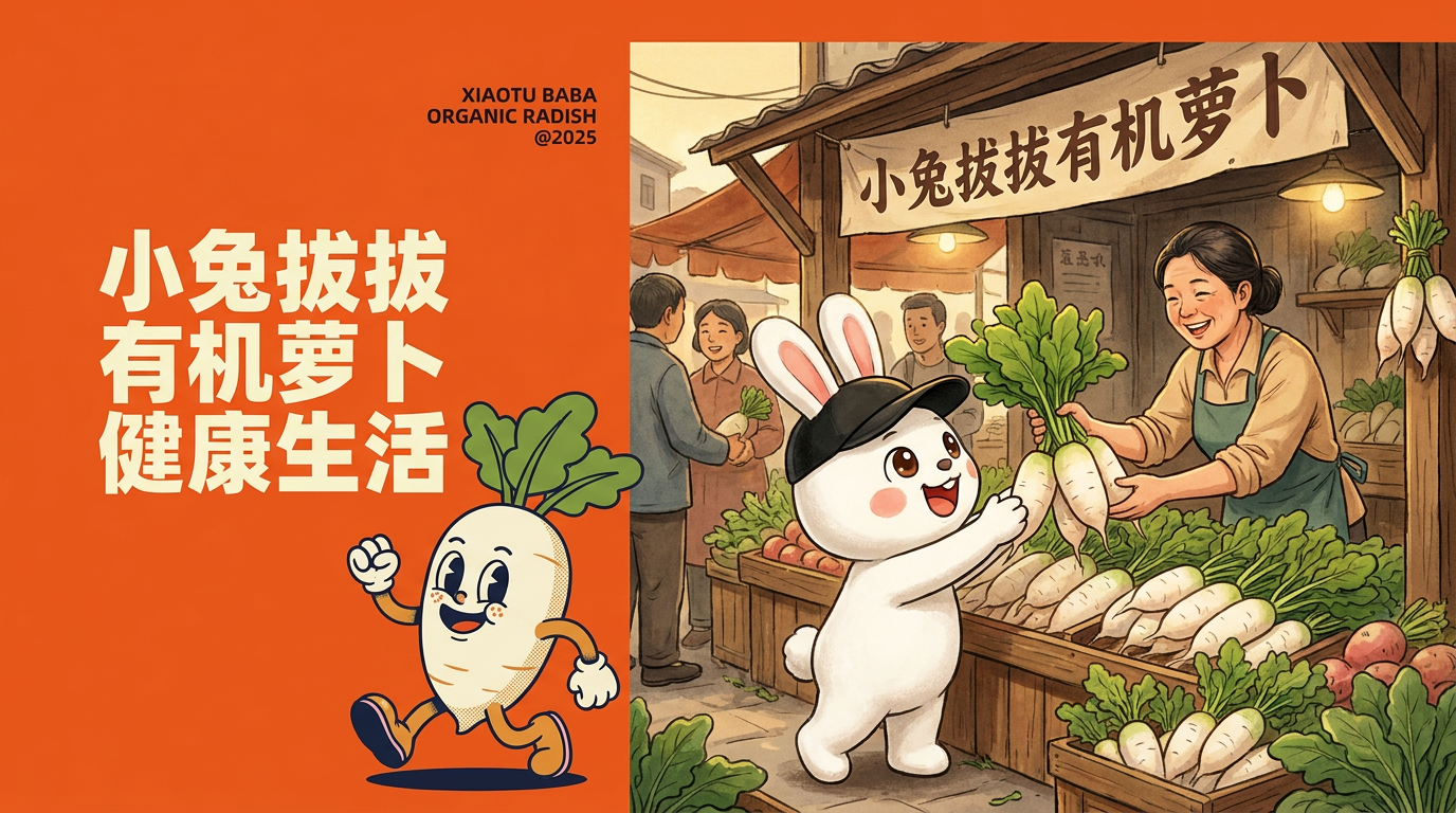 将图二融入其中替换图中的IP形象,参考图一设计设计形式,,新设计一个新的符合小兔拔拔有机萝卜的街边档口真人场景(小兔子IP去买萝卜),兔子形象为图二, 进行品牌物料设计 生成4k高清大图 尺寸1920*1080
