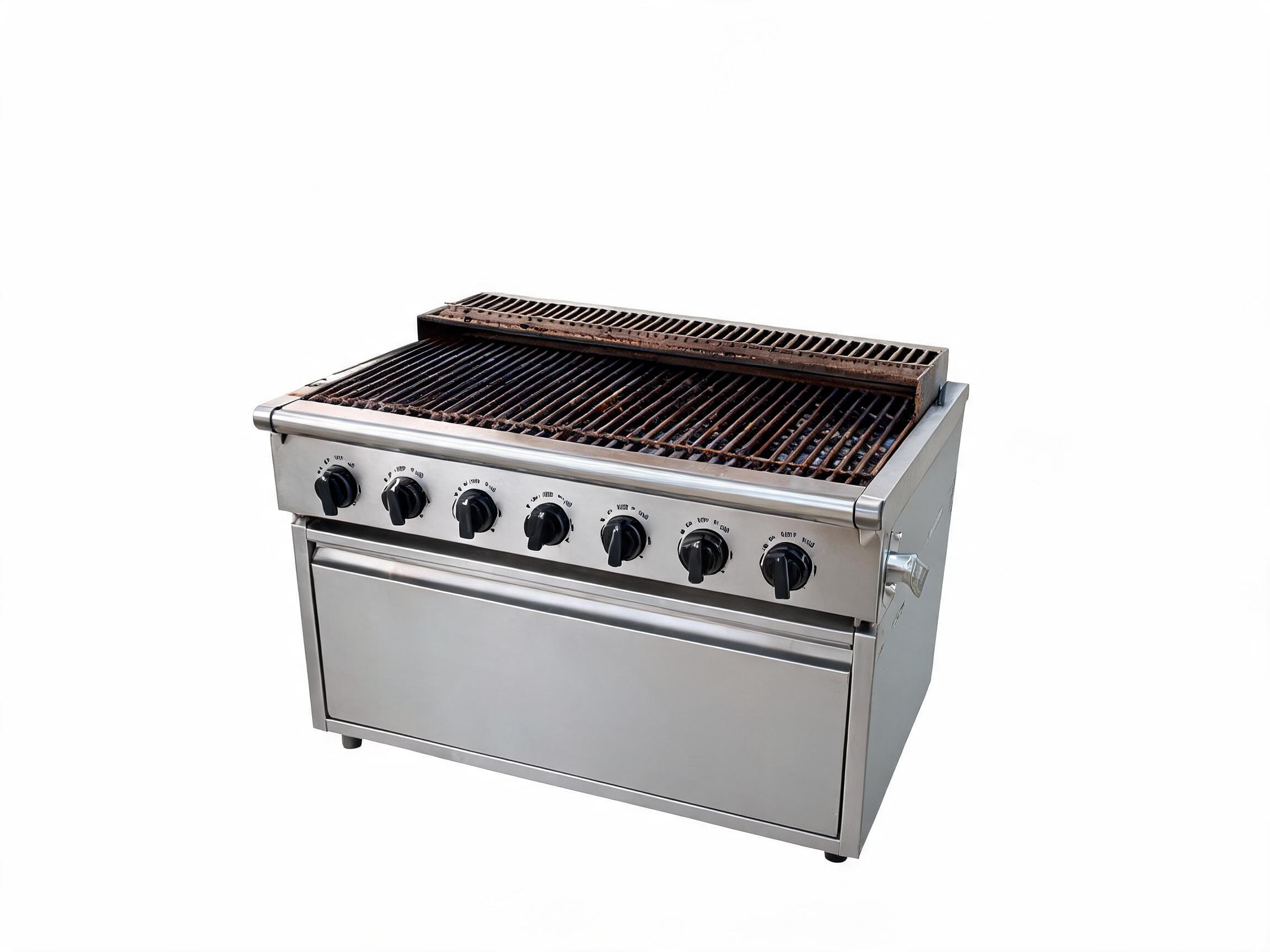 a char grill unit for a commercial kitchen. isolate the unit, do not place it in a kitchen setting. give it a white background