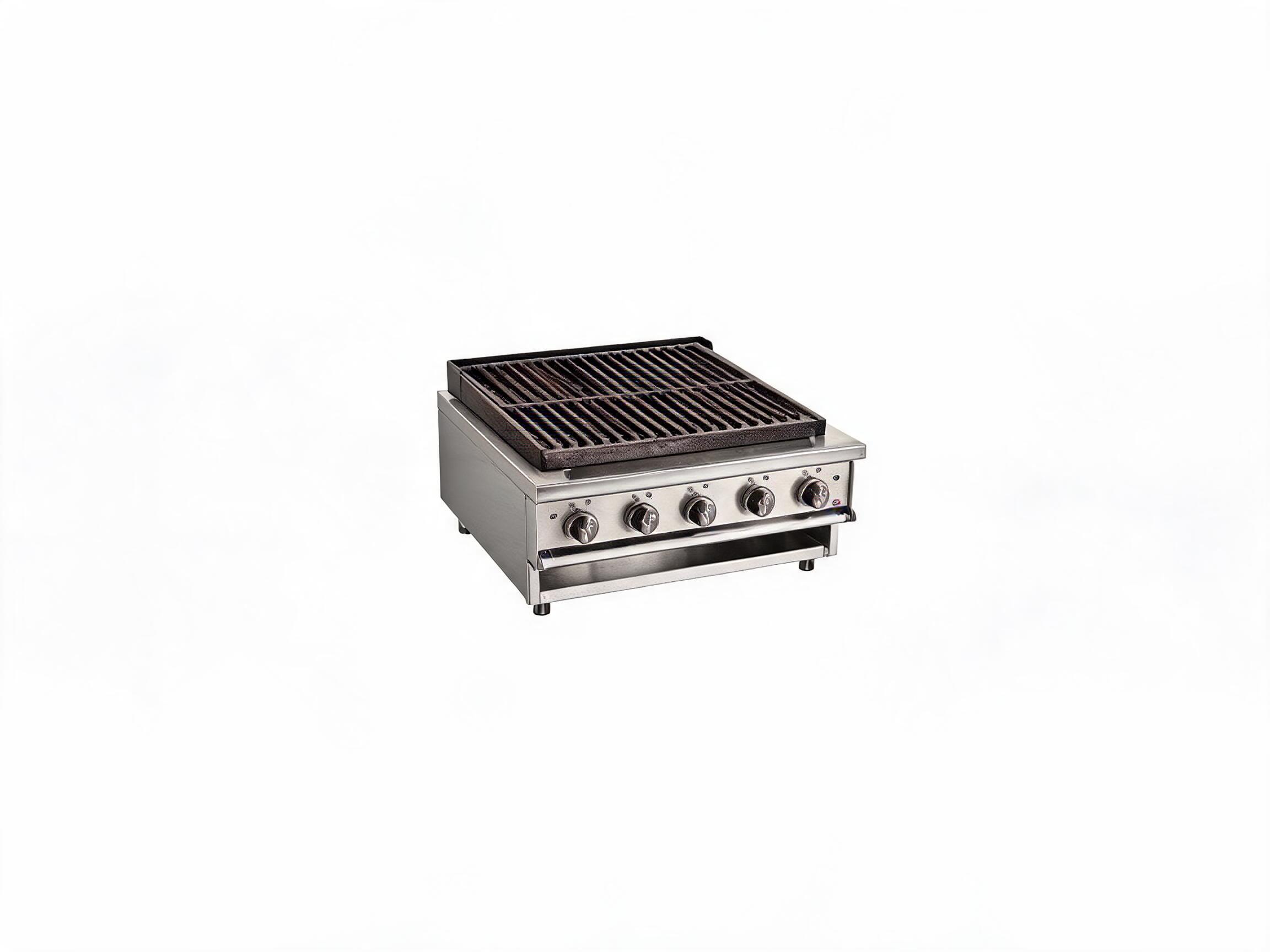 a char grill unit for a commercial kitchen. isolate the unit, do not place it in a kitchen setting. give it a white background