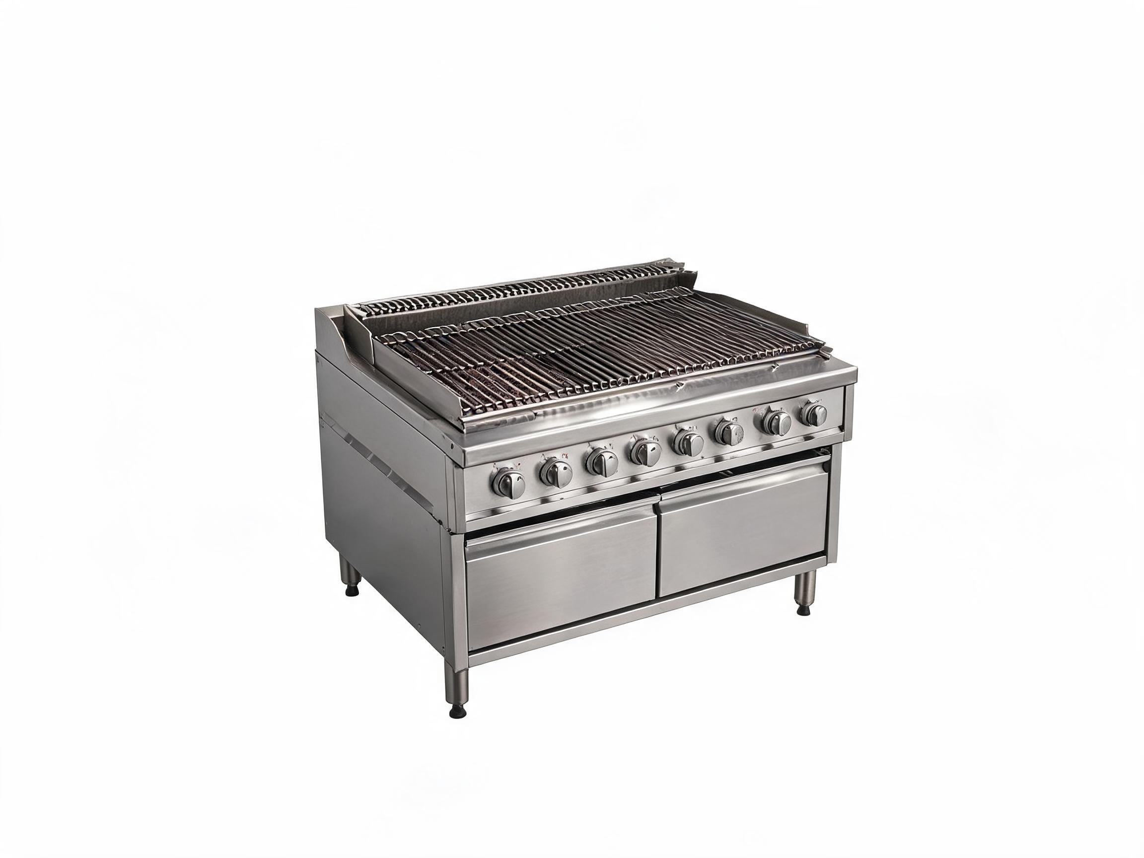 a char grill unit for a commercial kitchen. isolate the unit, do not place it in a kitchen setting. give it a white background. place it at a slight angle