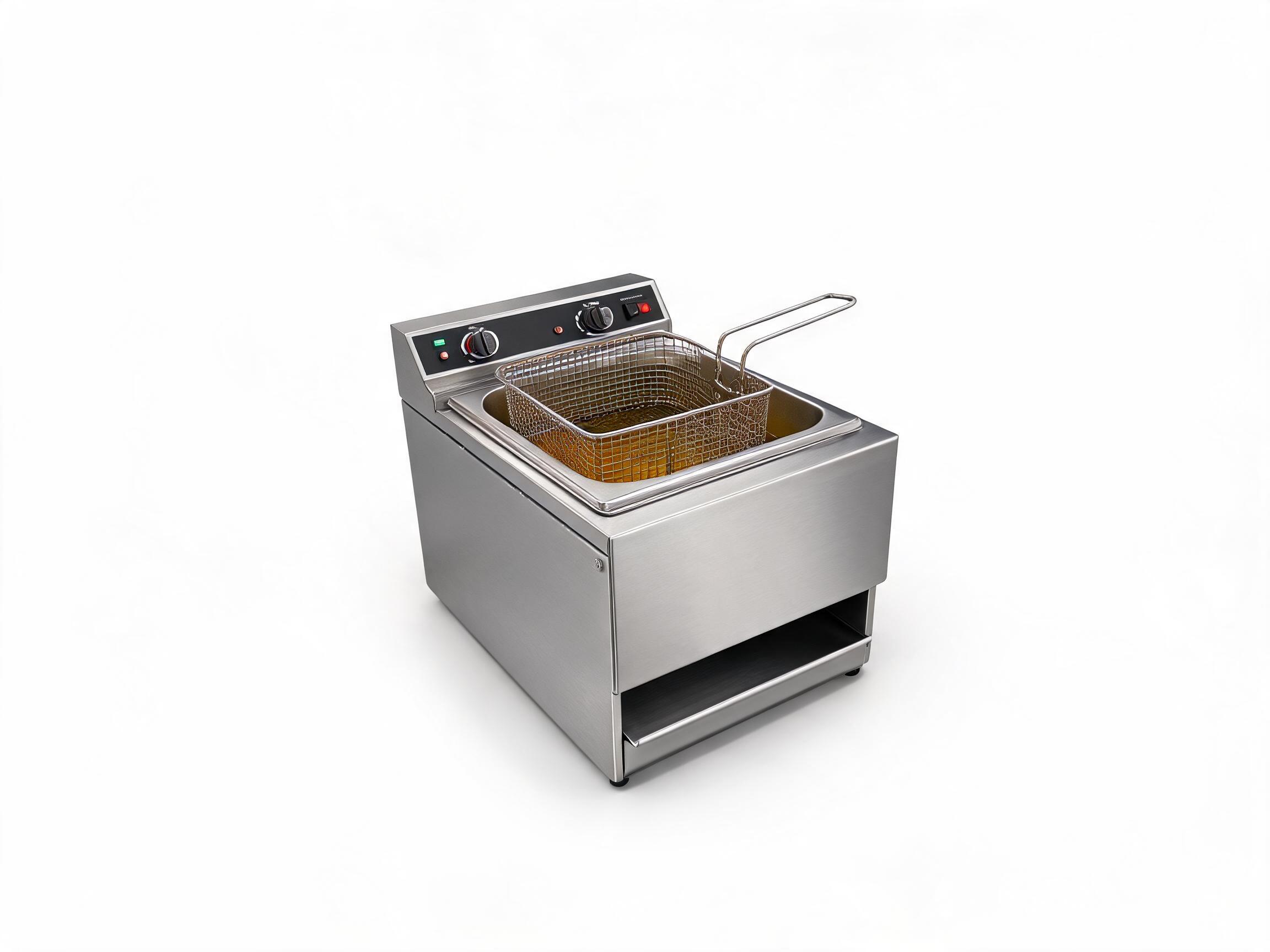 a countertop fryer unit for a commercial kitchen. isolate the unit, do not place it in a kitchen setting. give it a white background. place it at a slight angle