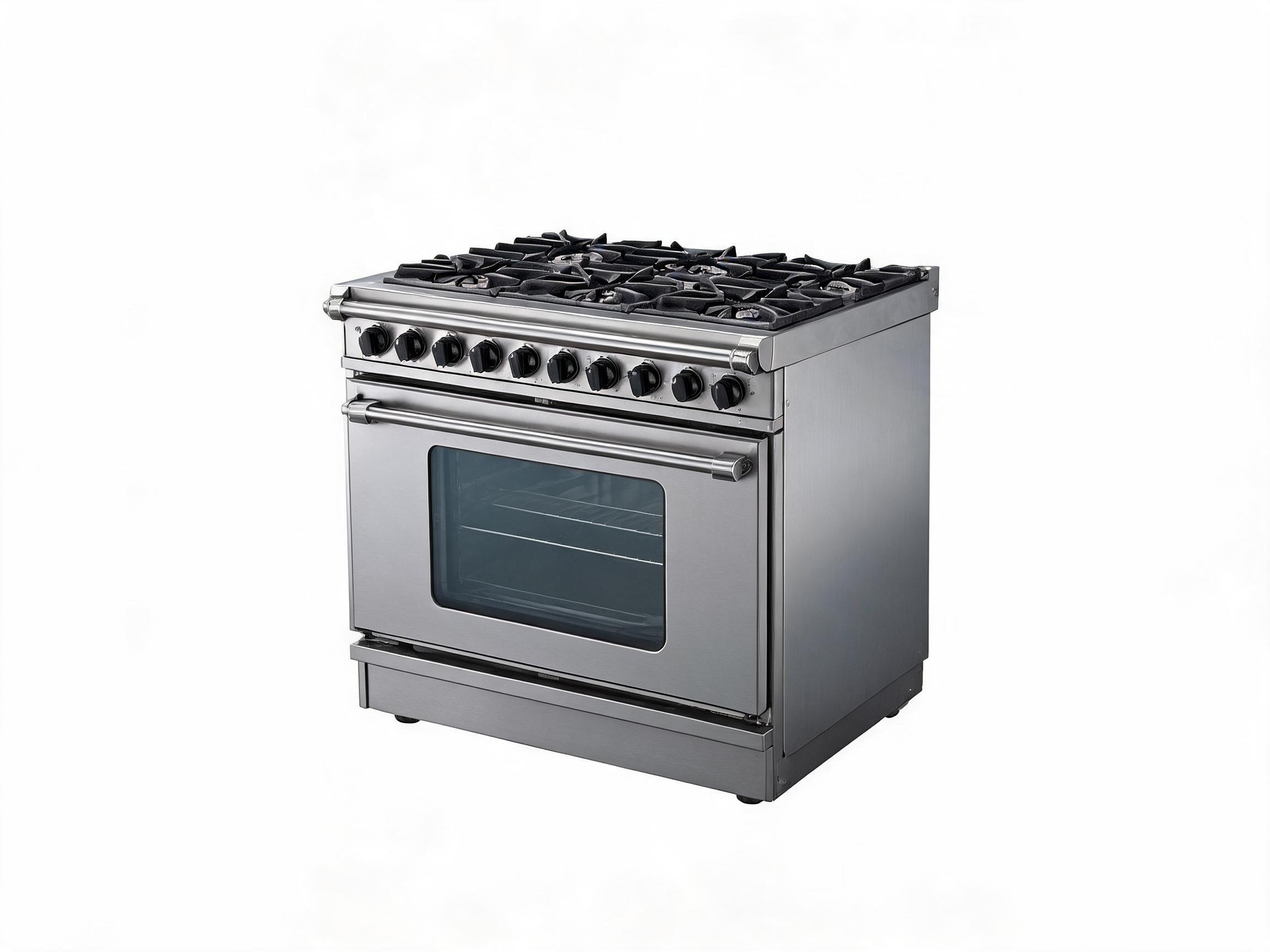 an oven range for a commercial kitchen. isolate the unit, do not place it in a kitchen setting. give it a white background. place it at a slight angle