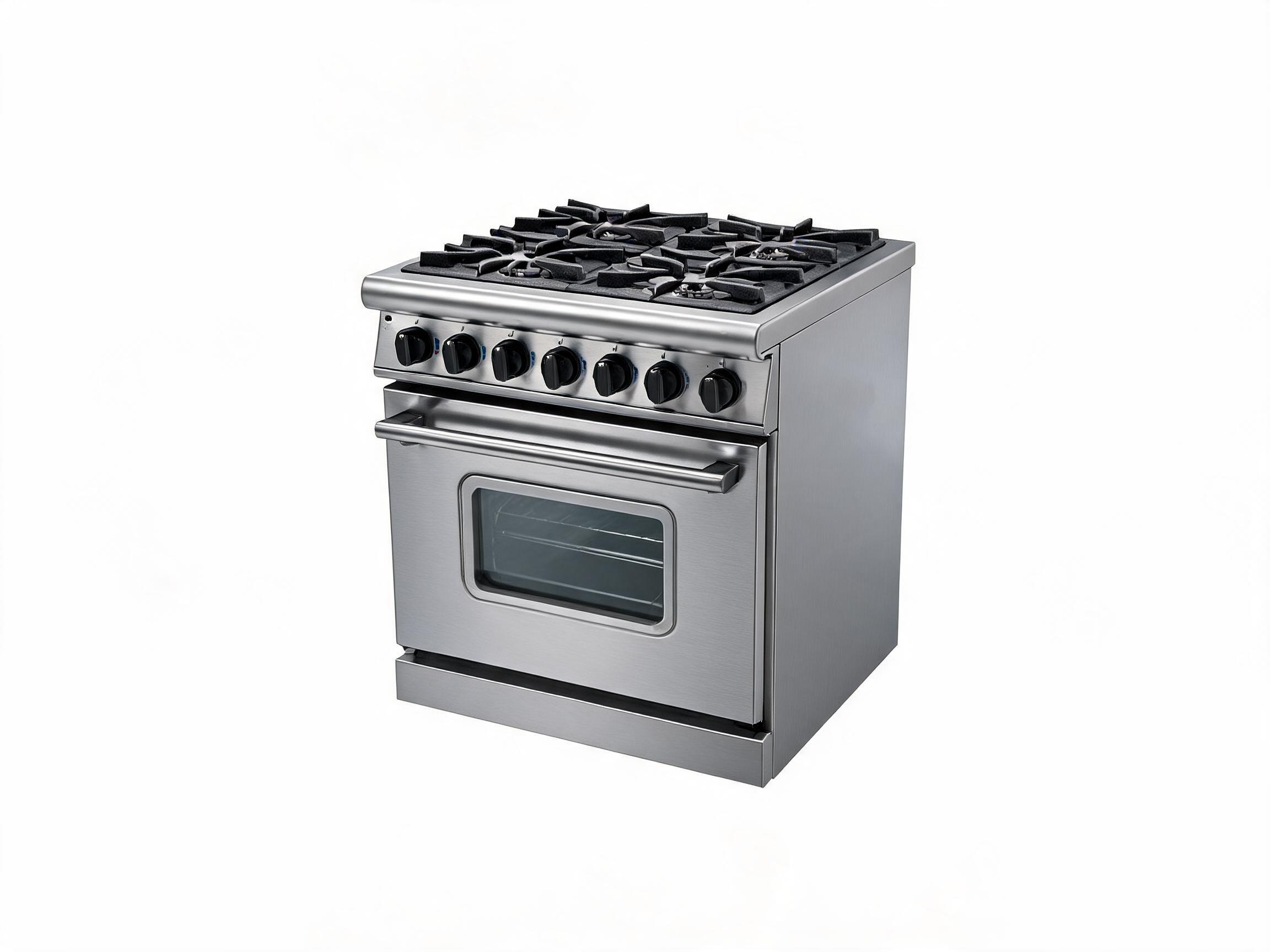 an oven range for a commercial kitchen. isolate the unit, do not place it in a kitchen setting. give it a white background. place it at a slight angle