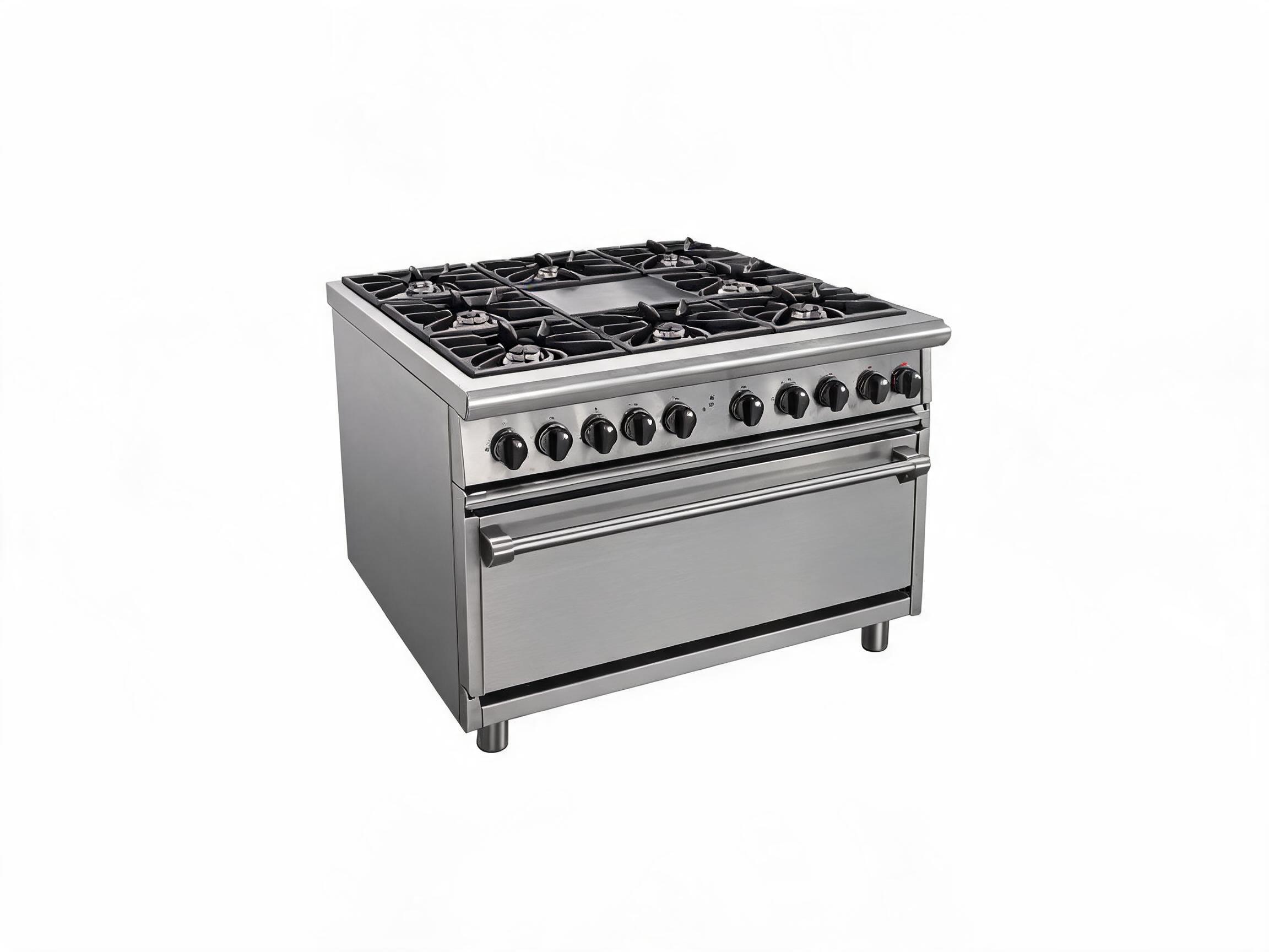 a wide oven range for a commercial kitchen. isolate the unit, do not place it in a kitchen setting. give it a white background. place it at a slight angle