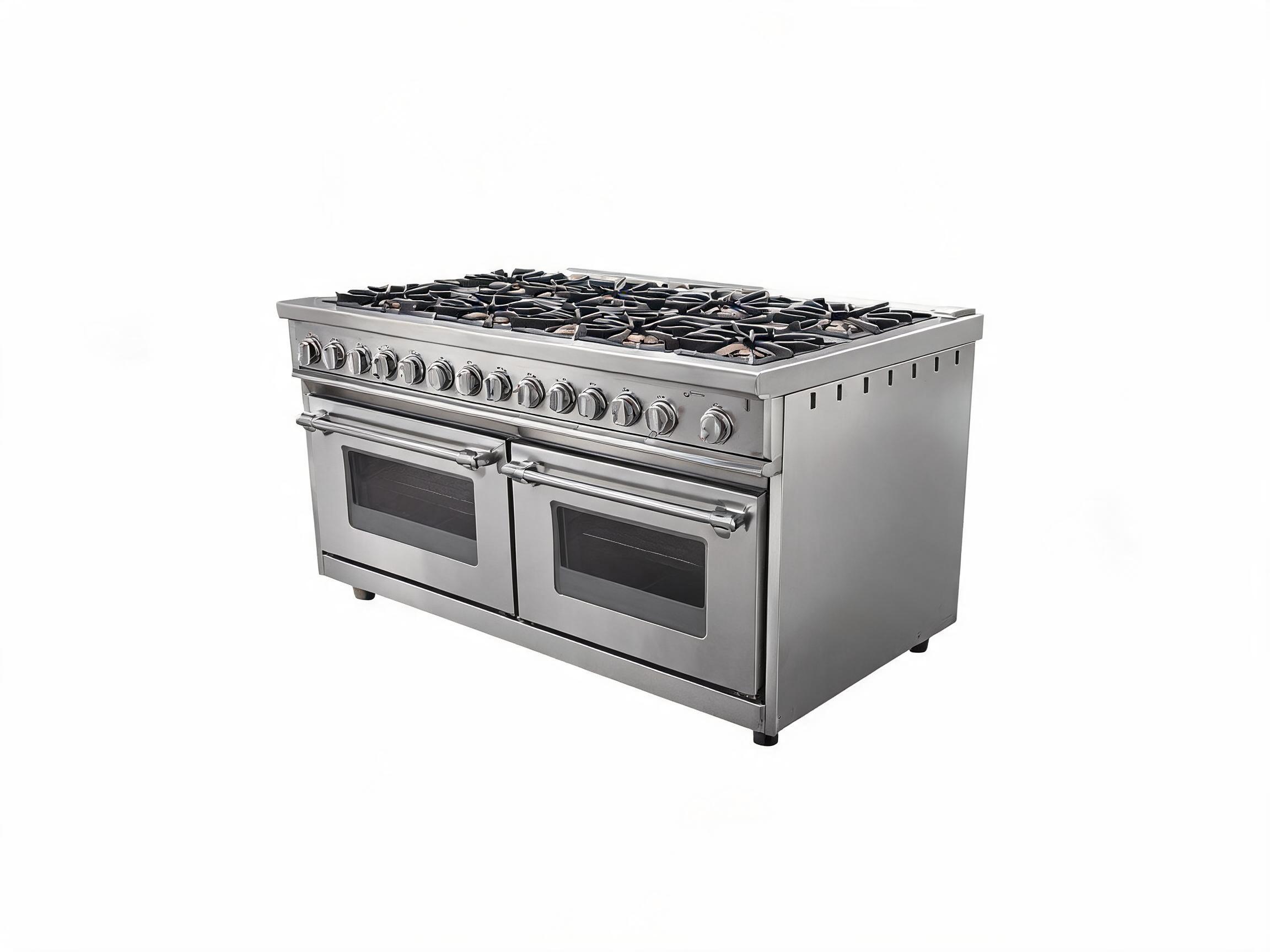 a wide oven range for a commercial kitchen. isolate the unit, do not place it in a kitchen setting. give it a white background. place it at a slight angle