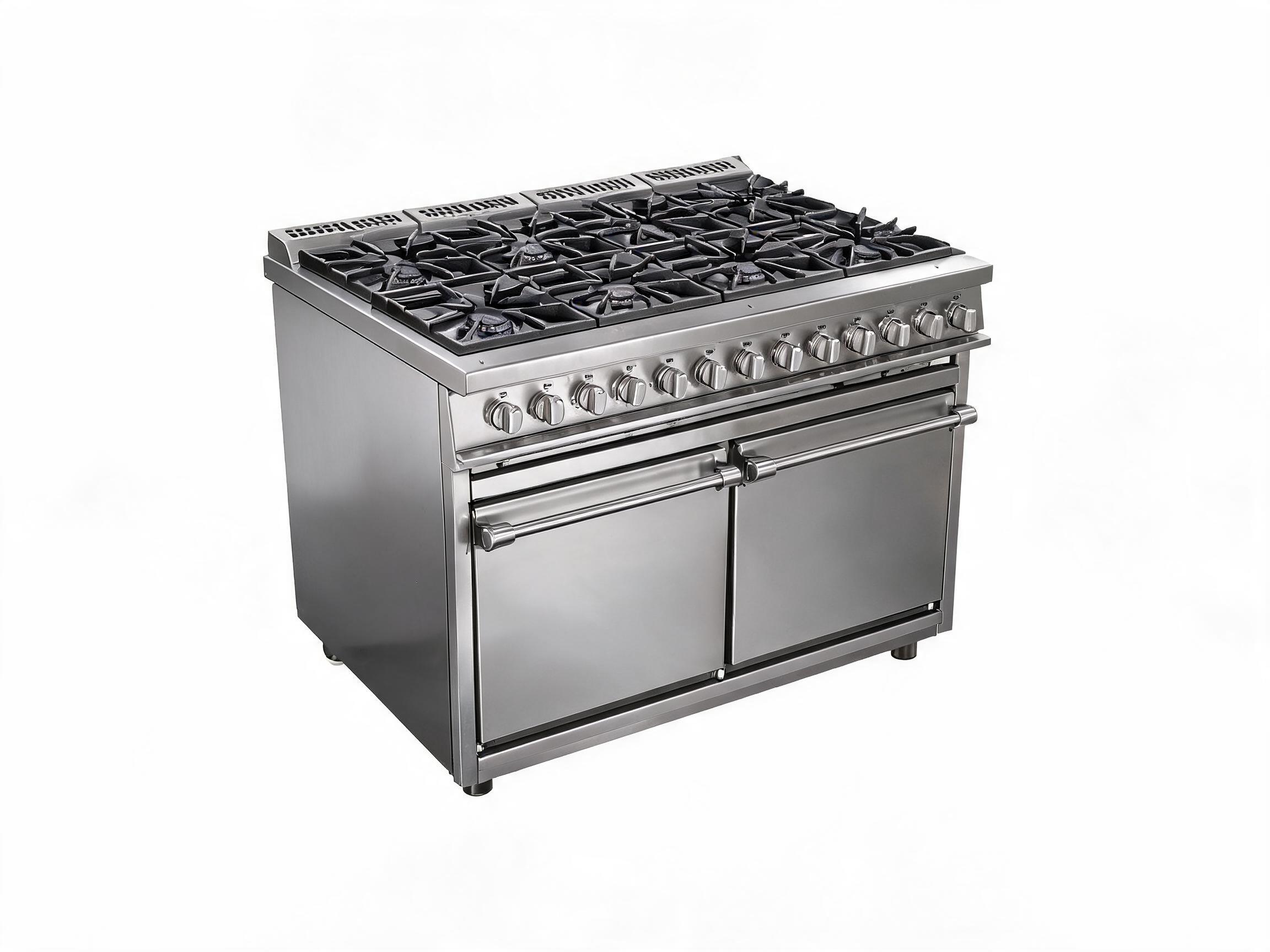 a wide oven range for a commercial kitchen. isolate the unit, do not place it in a kitchen setting. give it a white background. place it at a slight angle