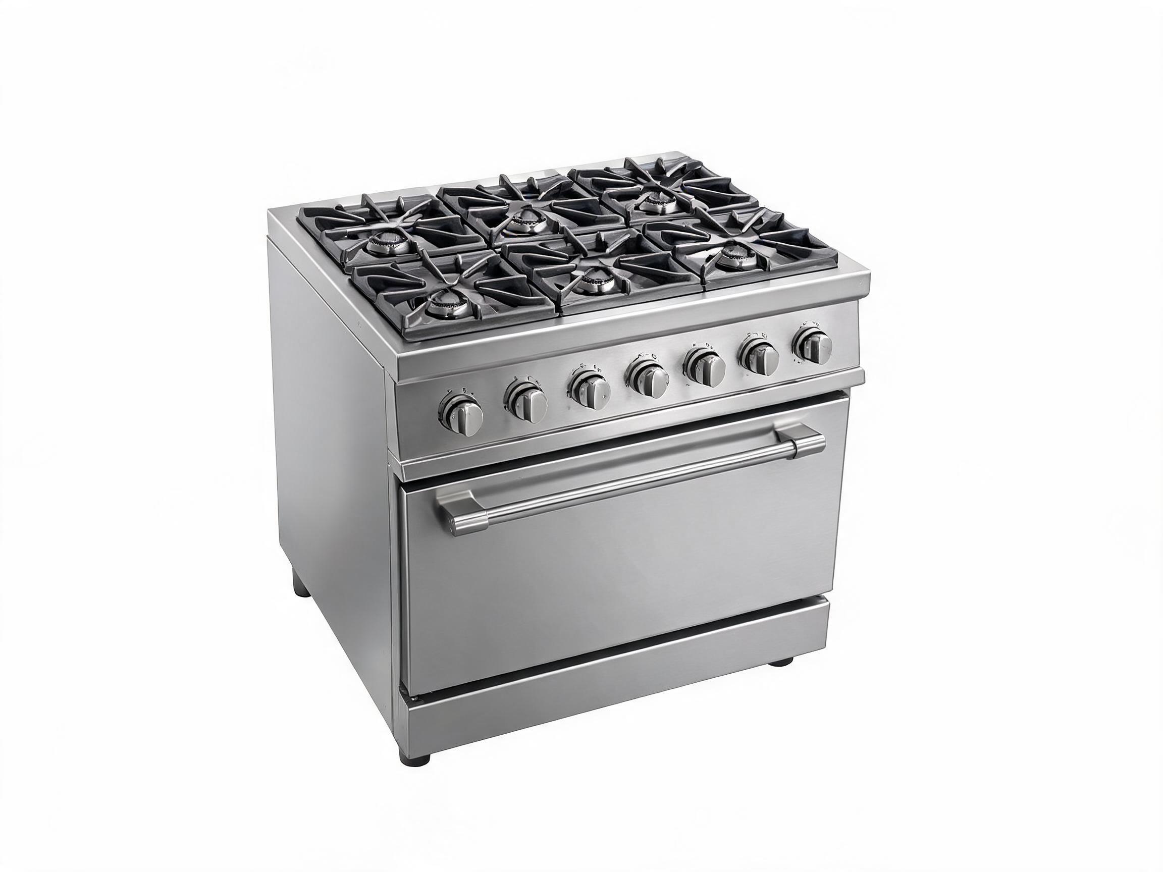 a 6 burner oven range for a commercial kitchen. isolate the unit, do not place it in a kitchen setting. give it a white background. place it at a slight angle