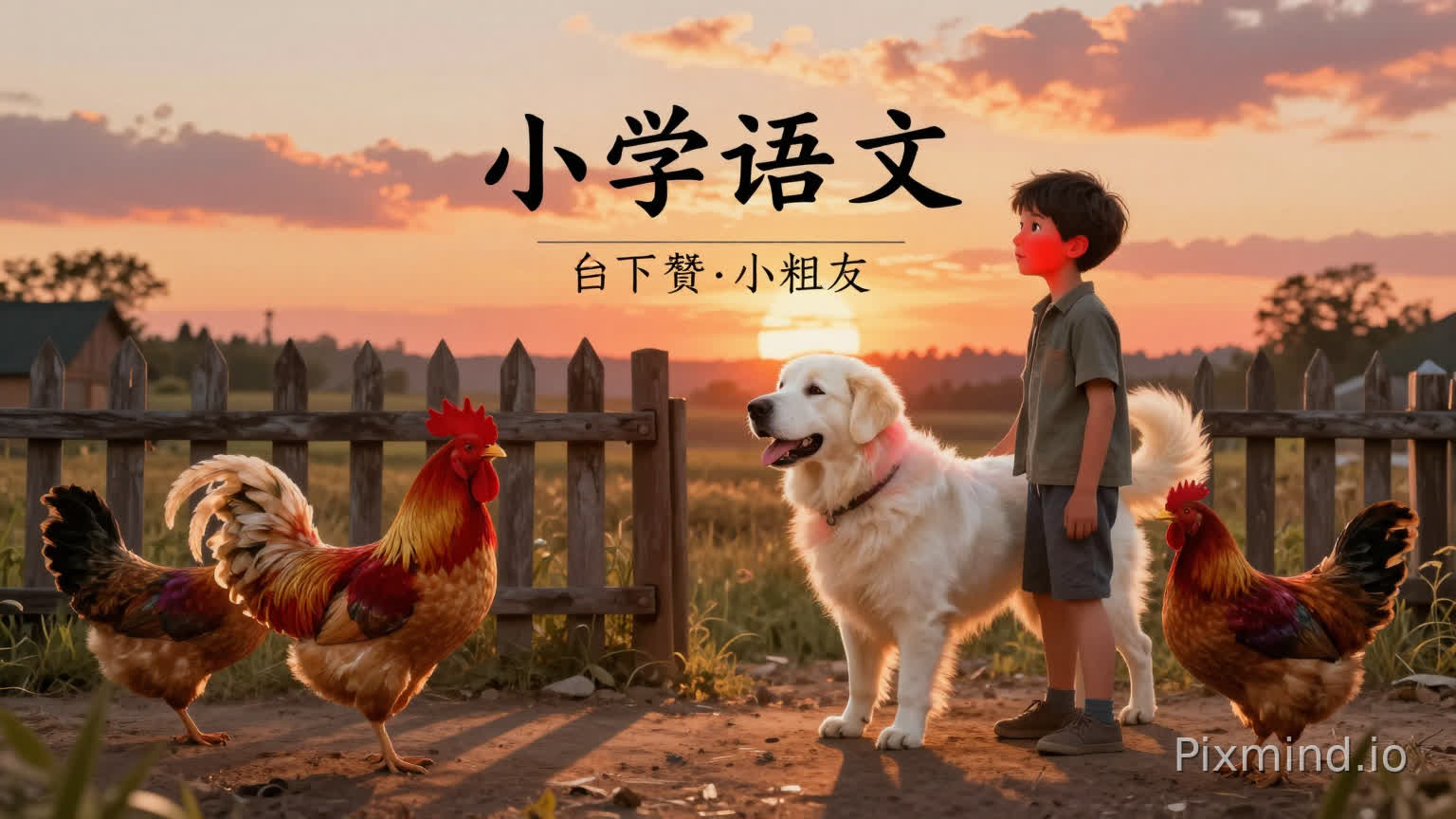 基于小学语文课本插图情境,一个乡村篱笆旁的小男孩站在夕阳下,脸被火烧云照得红红的,旁边有一只大白狗被霞光染成红色,红公鸡变得金灿灿,黑母鸡泛着紫檀色光泽,地面和篱笆投下长长的影子,像课本插图动起来,儿童绘本风,高清电影感,温暖晚霞,柔和动态光,乡村生活气息