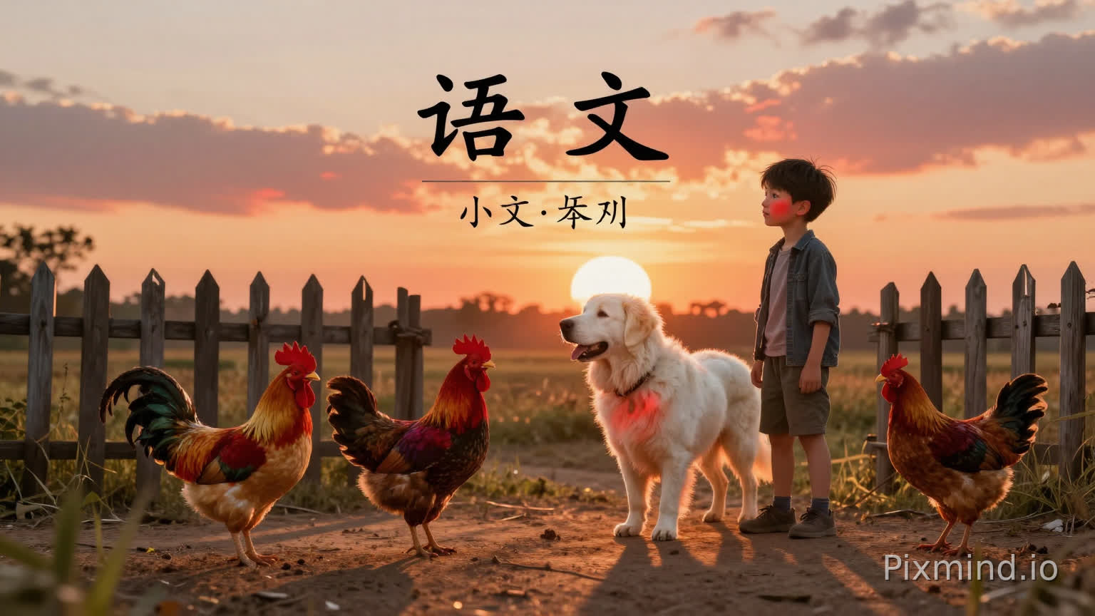 基于小学语文课本插图情境,一个乡村篱笆旁的小男孩站在夕阳下,脸被火烧云照得红红的,旁边有一只大白狗被霞光染成红色,红公鸡变得金灿灿,黑母鸡泛着紫檀色光泽,地面和篱笆投下长长的影子,像课本插图动起来,儿童绘本风,高清电影感,温暖晚霞,柔和动态光,乡村生活气息