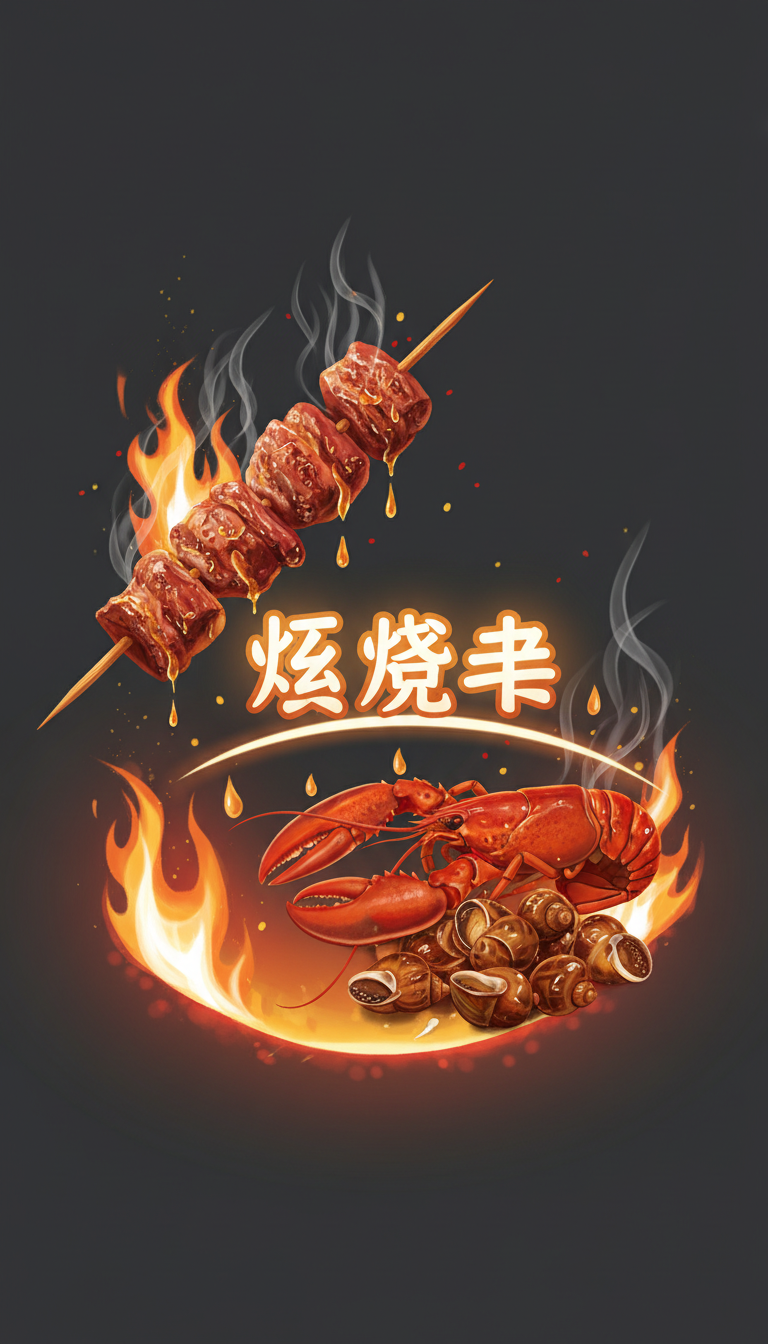 普通红→改 烤串刚出炉的橙红色(参考:烤羊肉串表面微焦的那个颜色)。
元素 食欲色号(给广告公司看)
背景底 深炭灰 + 底部暗橙红渐变(像炭火余烬)
火焰 亮橙 + 金黄 + 一点白(不是大红)
烤串肉块 焦糖棕红,边缘带一点黑(模拟烤焦)
龙虾 熟透的橙红色,钳子带高光
螺蛳 酱色(深棕泛红),像刚出锅
店名字 乳白色 + 橙黄描边(不像生肉白)
---
二、加“食欲触发器”(关键!)
在灯箱布上喷绘这几个小东西,不用发光,但特别勾人:
1. 油滴/汁水:肉串和龙虾旁边加几颗 半透明橙黄色小圆点(像滴下来的油)
2. 热气/烟雾:用 半透明白色渐变线条 从食物往上飘
3. 香料粒:孜然粒、辣椒碎的小点,散落在食物周围
4. 高光点:龙虾壳、螺蛳肉上加 小白色亮点(让食物感觉湿润、饱满)
👉 跟广告公司说:“给食物加高光和汁水滴,不要死板”
---
三、布局微调(视觉引导)
现在长条形状容易一眼看完就跑,改成 “S形视线”:
```
左端火焰 → 烤串(让人想拿)→ 店名(记住你)→ 龙虾螺蛳(看到更多菜)→ 右端烟雾收尾
```
具体做法:
· 烤串朝右上方倾斜(指向店名)
· 龙虾钳子朝左(指向店名)
· 店名下方加一道 弧形光晕(像炭火反光)
---
四、亮度控制(晚上最关键)
· 店名:最亮(暖白光,2700-3000K)
· 烤串/龙虾/螺蛳:中等偏暗(模拟炭火边的亮度)
· 火焰/油滴:闪烁感(用喷绘的渐变实现,做不出真闪烁,但看着像在动)