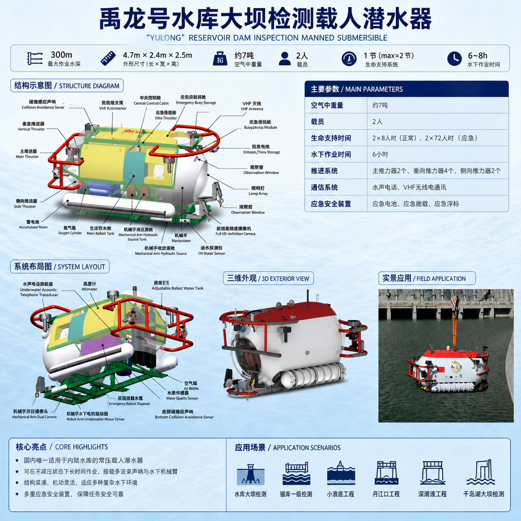 禹龙号主要参数:
空气中重量:约7吨
载员:2人
生命支持时间:2×8人时(正常)、2×72人时(应急)
水下作业时间:6小时
推进系统:主推力器2个、垂向推力器4个、侧向推力器2个
通信系统:水声电话、VHF无线电通讯
应急安全装置:应急电池、应急抛载、应急浮标