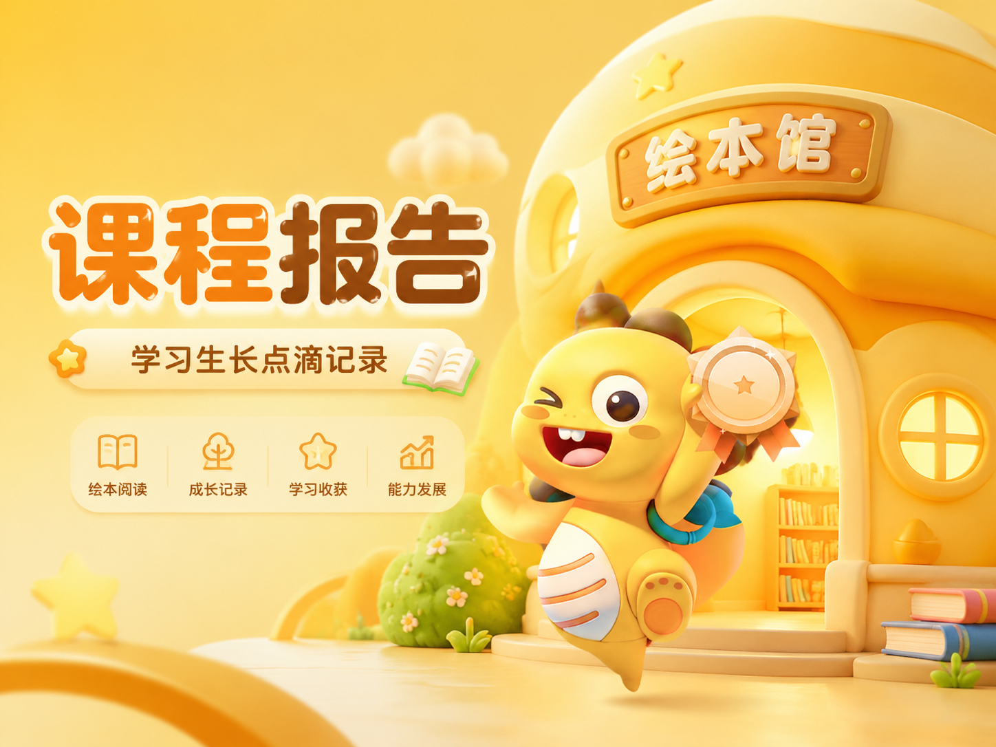 用图 1 角色,做一个移动端运营页面海报,主题:课程报告,副标题学习生长点滴记录,体现绘本馆,生成一个绘本馆,3D卡通样式,有细节,有设计感,有设计感的造型,黄色,里面亮着灯,形造型,简单的黄色渐变,应用与UI的头图,要求简洁简单,有层次,16:9的尺寸