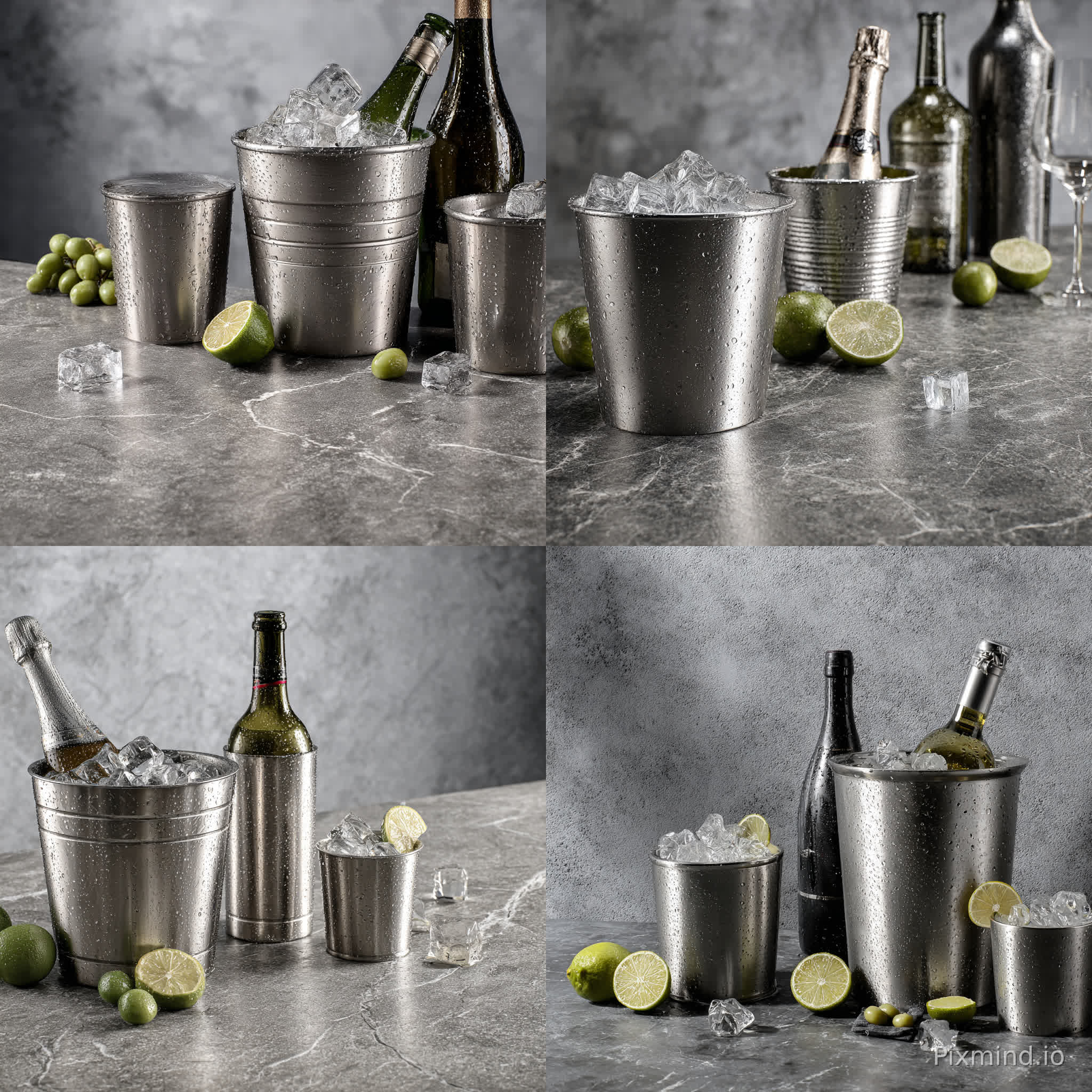 电商级商业产品摄影,保留原图的浅灰色背景、深灰色石质桌面和冰桶组合布局。
移除所有不锈钢冰桶桶壁上的冷凝水珠,保持冰桶的金属质感与拉丝纹理不变;桶内的冰块、酒瓶、青柠和桌面的冰块、青柠片均保留不变。
整体构图比例调整为3:4,采用柔和侧光布光,突出不锈钢冰桶的金属光泽与石质桌面的纹理,超写实照片级真实感,8K超高清画质,极致细节,焦点锐利,画面干净通透,无多余元素,适合电商主图使用。