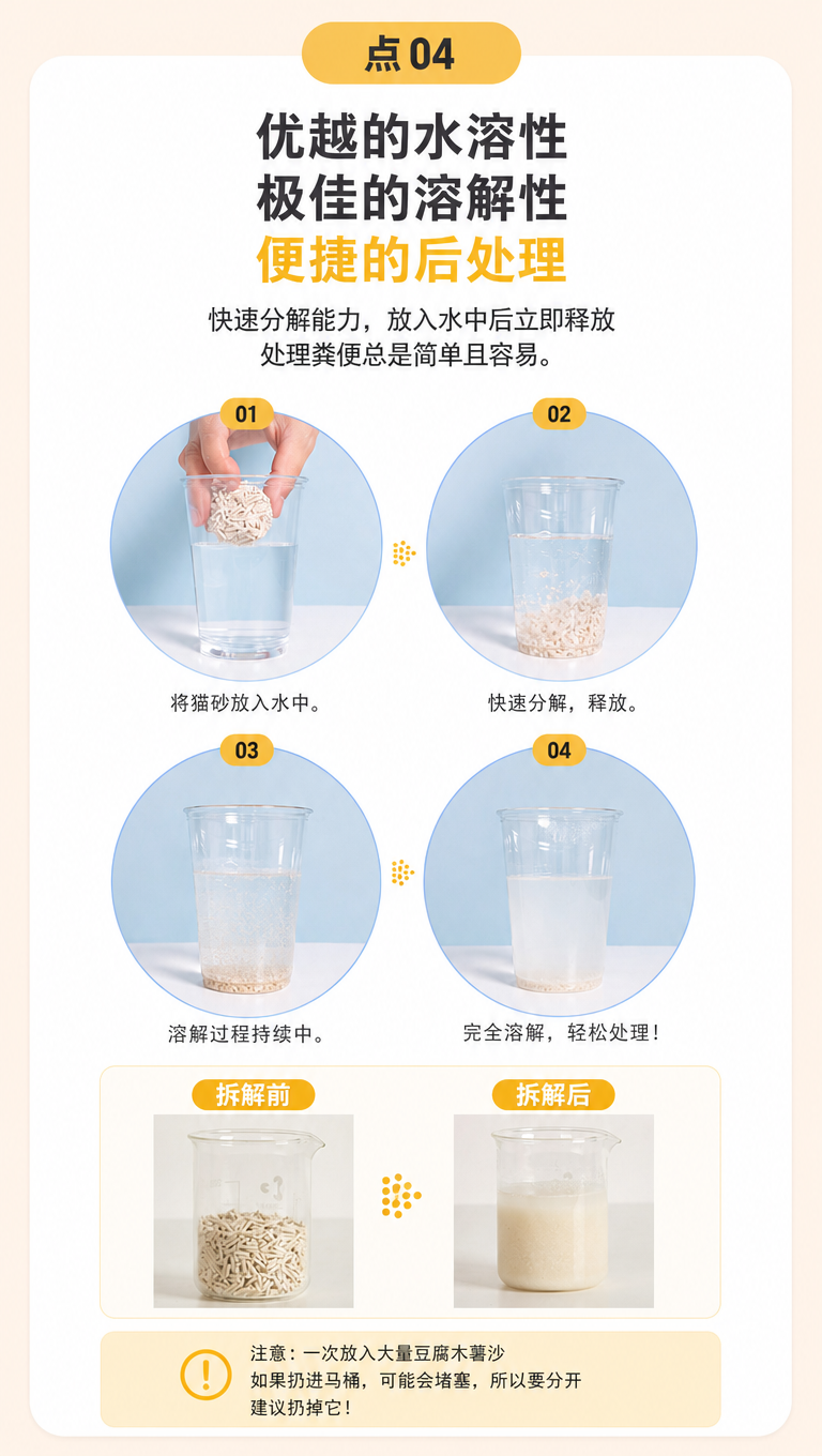 根据上述风格,对这个猫砂产品韩国细节比较页面做一些设计调整,使其更符合韩国细节页面的风格,文案写作:1。点04 2. 优越的水溶性 3. 极佳的溶解性 便捷的后处理 4. 快速分解能力,放入水中后立即释放 处理粪便总是简单且容易。 5. 拆解前 5. 拆解后 6. 注意:一次放入大量豆腐木薯沙 如果扔进马桶,可能会堵塞,所以要分开 建议扔掉它!