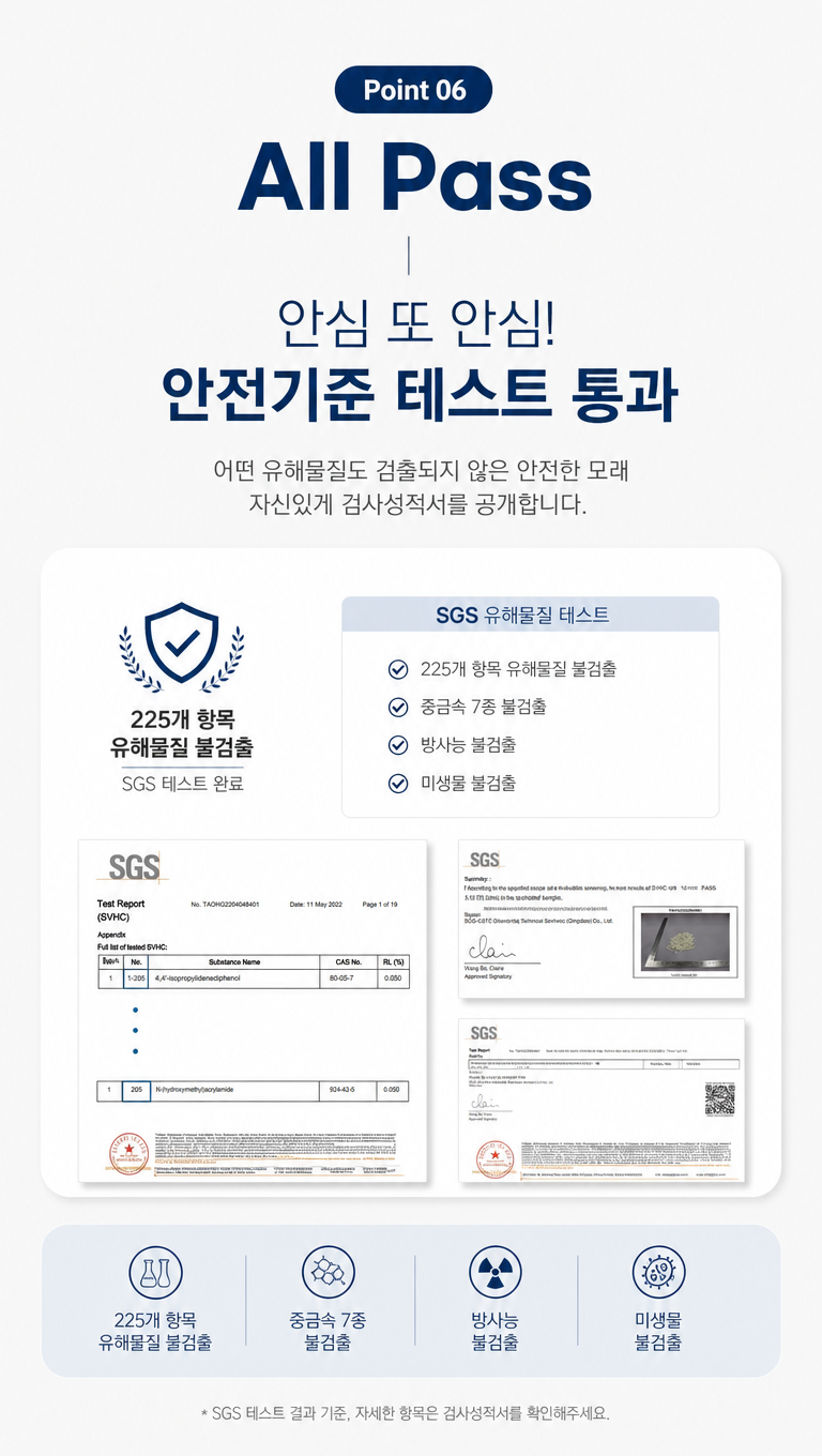 根据上述风格,对这猫砂产品韩国细节解释说明页面做一些设计调整,使其更符合韩国细节页面的风格,文案:1.Point 06
2.All Pass
3.안심 또 안심!
안전기준 테스트 통과
4.어떤 유해물질도 검출되지 않은 안전한 모래
자신있게 검사성적서를 공개합니다.