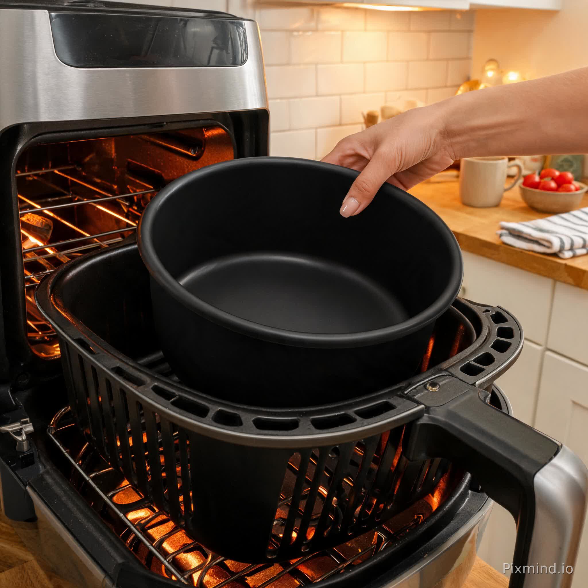 A close-up, photorealistic product photograph of a black silicone air fryer liner (part of a two-piece set, with one size larger) glowing subtly inside an active air fryer in a cozy, vibrant American home kitchen. A woman's hand is confidently placing or removing it, emphasizing its high melting point and heat resistance without any signs of melting. The scene conveys safety and extreme durability. Soft, warm ambient lighting. Rich, appetizing colors. High definition, professionally rendered.