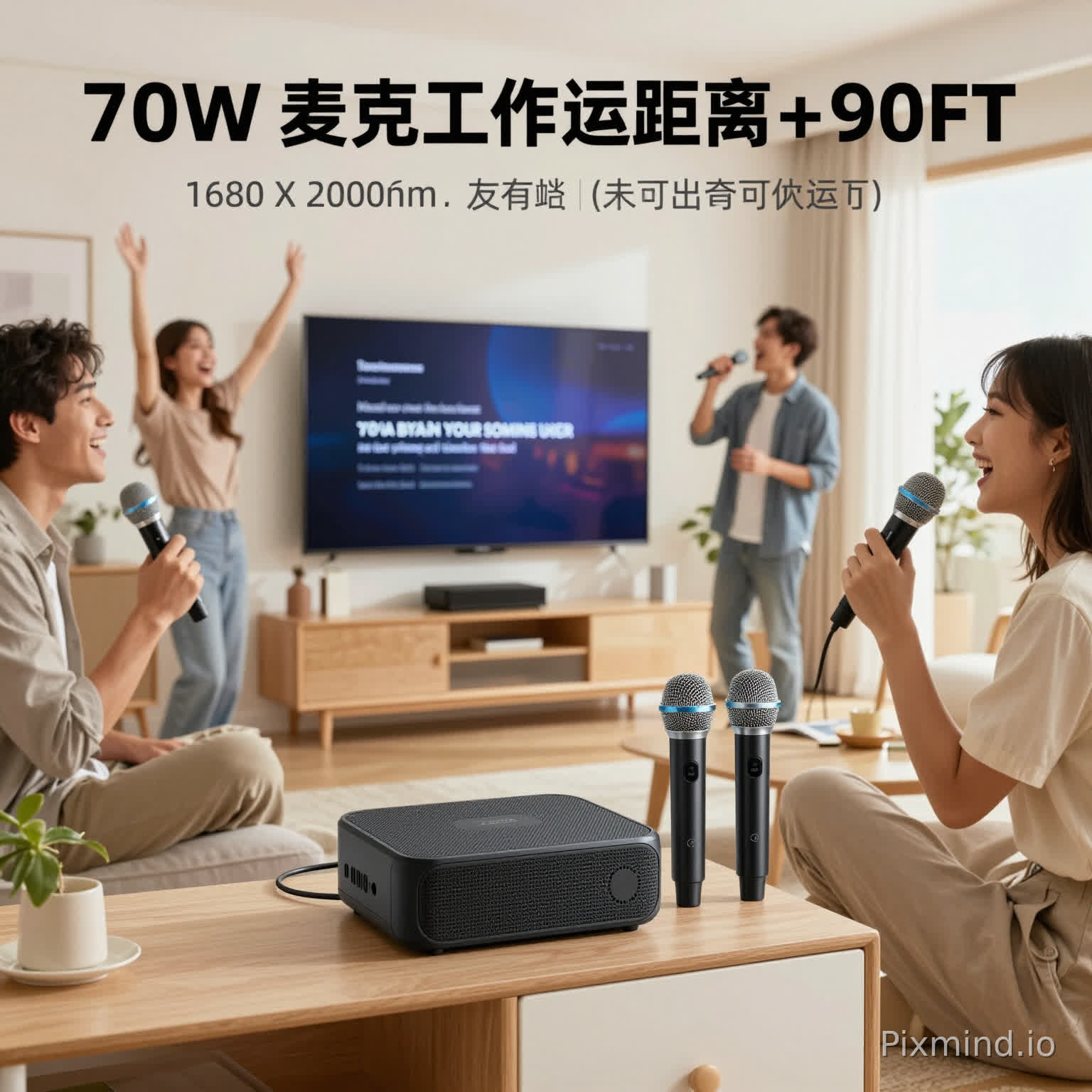 请帮我生成一张1680 X 2000像素的图片,产品卖点:70W功率,支持通过光纤接口连接电视,支持两支无线麦克风和一支有线麦克风连接,无线麦克风的工作距离可达90FT。图片要求:美国家庭的客厅,我们的产品放在电视柜上并连接着电视,电视上显示着英文歌词,客厅中有一堆人在欢快的唱歌,其中有两个人分别拿着一支无线麦克风,另外一个人拿着一支有线麦克风在唱歌。图片画面需要高清,渲染。氛围欢快,温馨,色彩明亮,让人一看就赏心悦目。最主要是一定要体现我们的无线麦克风的工作距离特别远。最好能有一些人在客厅门外拿着无线麦克风唱歌