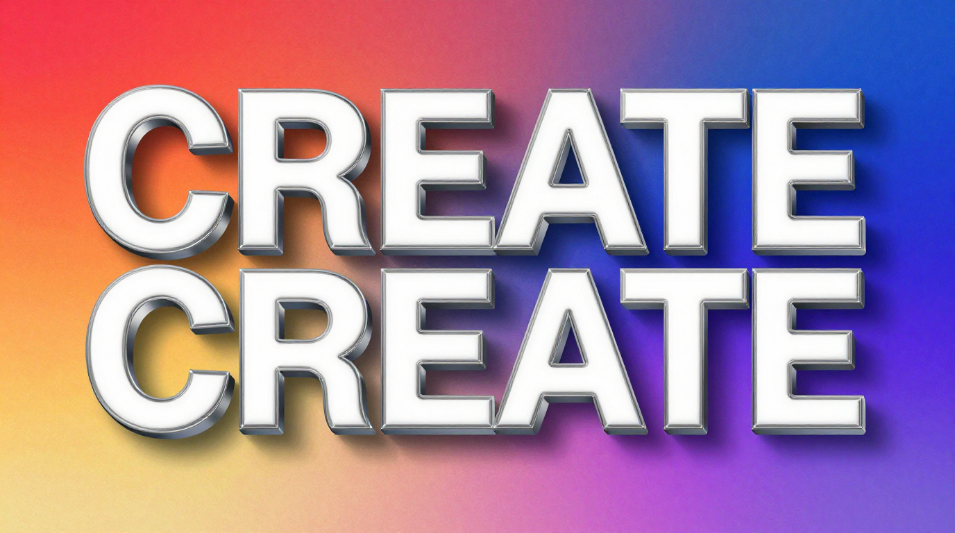 A creative poster design with bold 3D metallic silver typography reading CREATE floating over a vibrant gradient background, modern graphic design aesthetic, demonstrates text layer separation with distinct text and background layers