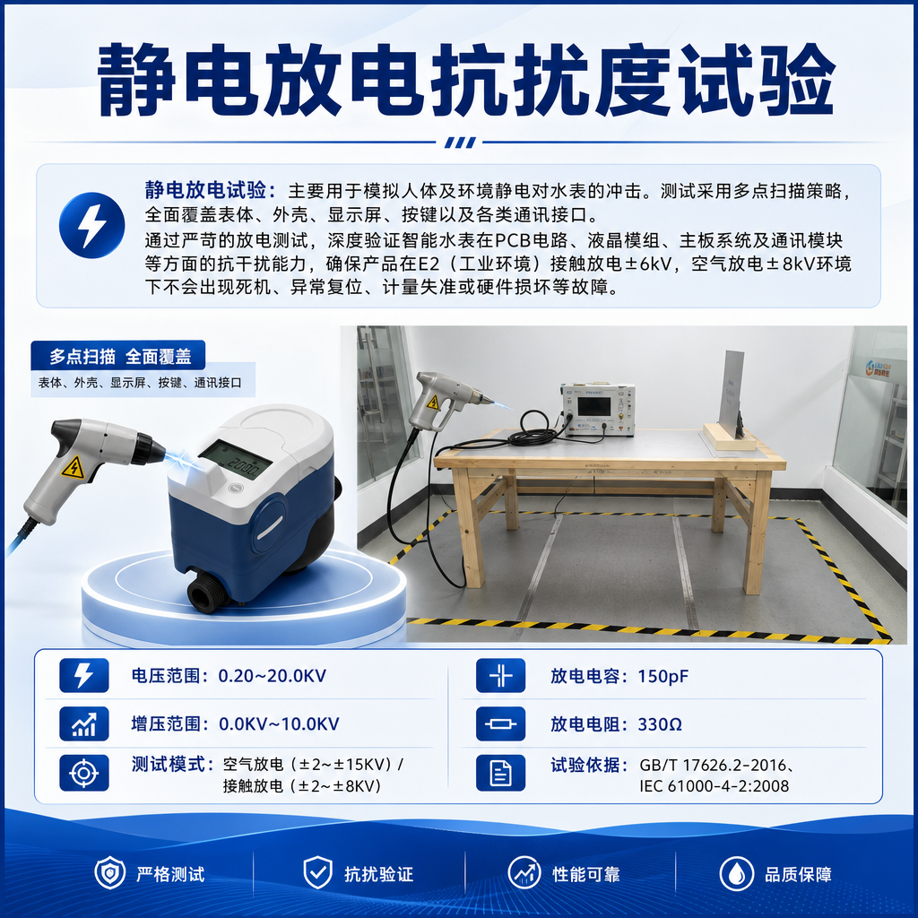 帮我生成一张70X100cm的纵向海报,不要出现logo,内容是:静电放电抗扰度试验
静电放电试验:主要用于模拟人体及环境静电对水表的冲击。测试采用多点扫描策略,全面覆盖表体、外壳、显示屏、按键以及各类通讯接口。通过严苛的放电测试,深度验证智能水表在PCB电路、液晶模组、主板系统及通讯模块等方面的抗干扰能力,确保产品在E2(工业环境)接触放电±6kV,空气放电±8kV环境下不会出现死机、异常复位、计量失准或硬件损坏等故障。
电压范围:0.20~20.0KV
增压范围:0.0KV~10.0KV
测试模式:空气放电(±2~±15KV)/ 接触放电(±2~±8KV)
放电电容:150pF / 放电电阻:330Ω
试验依据:GB/T 17626.2-2016、IEC 61000-4-2:2008