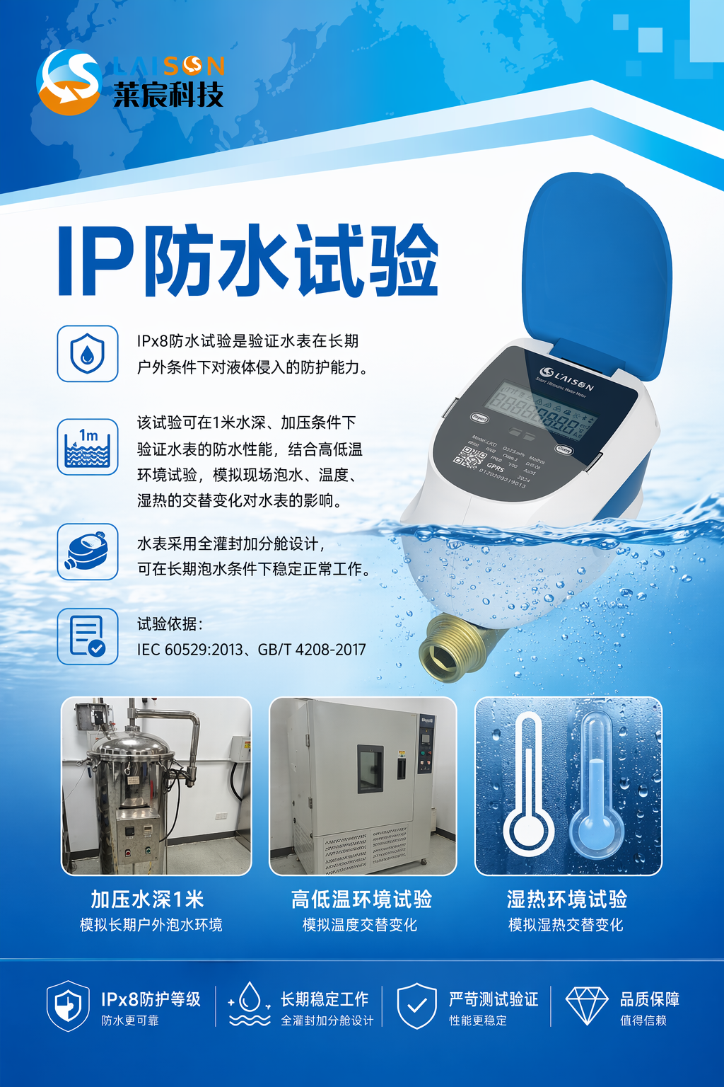帮我生成一张70X100cm的海报,内容是:IP防水试验
IPx8防水试验是验证水表在长期户外条件下对液体侵入的防护能力。该试验可在1米水深、加压条件下验证水表的防水性能,结合高低温环境试验,模拟现场泡水、温度、湿热的交替变化对水表的影响。
水表采用全灌封加分舱设计,可在长期泡水条件下稳定正常工作。
试验依据:IEC 60529:2013、GB/T 4208-2017