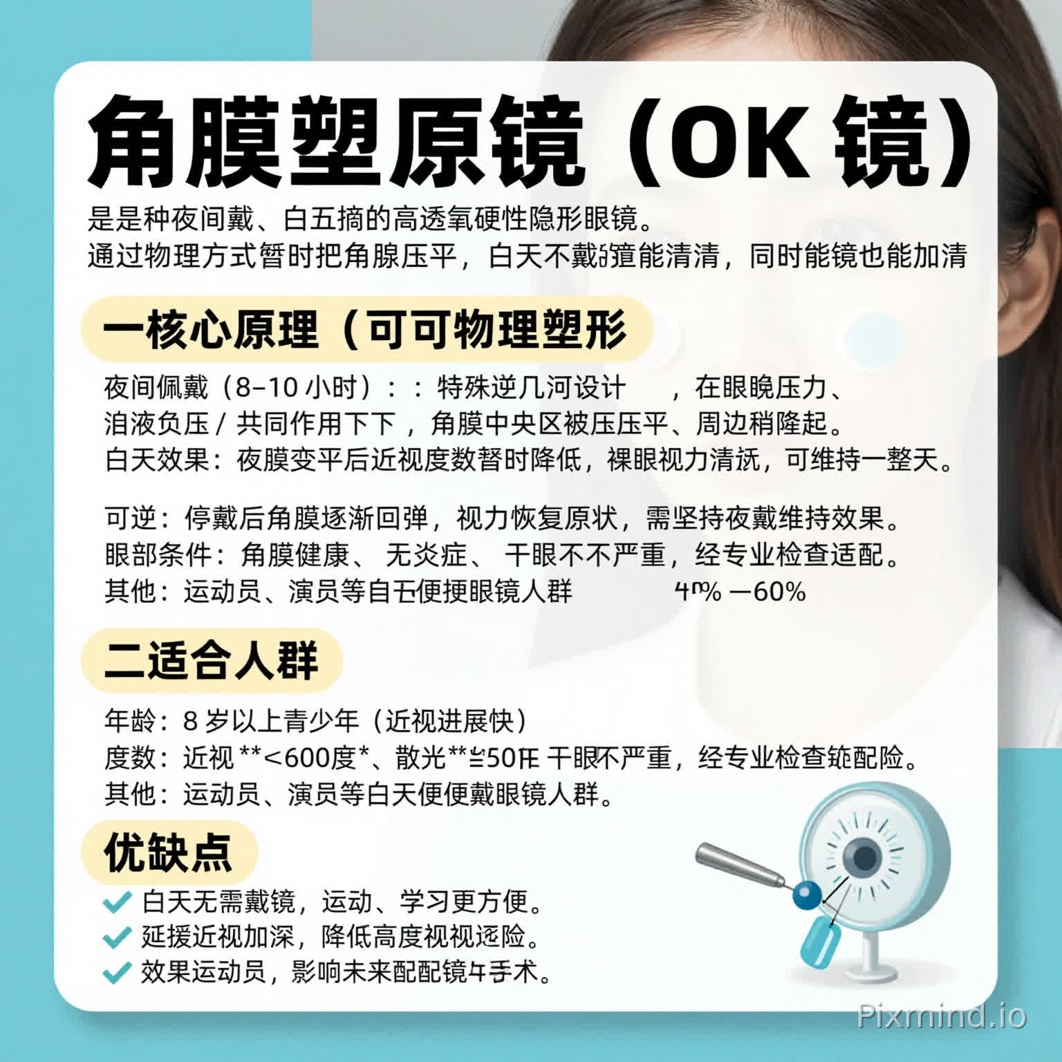 帮我生成图片:将这段内容生成一张海报:“角膜塑形镜(OK 镜) 是一种夜间戴、白天摘的高透氧硬性隐形眼镜,通过物理方式暂时把角膜压平,白天不戴镜也能看清,同时能有效延缓青少年近视加深。
一、核心原理(可逆物理塑形)
夜间佩戴(8–10 小时):特殊逆几何设计,在眼睑压力、泪液负压共同作用下,角膜中央区被压平、周边稍隆起。
白天效果:角膜变平后近视度数暂时降低,裸眼视力清晰,可维持一整天。
可逆:停戴后角膜逐渐回弹,视力恢复原状,需坚持夜戴维持效果。
控近视关键:形成周边近视性离焦,抑制眼轴过快增长,延缓近视进展约 40%–60%。
二、适合人群
年龄:8 岁以上青少年(近视进展快)。
度数:近视 **≤600 度 **、散光 **≤150 度 **,中低度近视效果最佳。
眼部条件:角膜健康、无炎症、干眼不严重,经专业检查适配。
其他:运动员、演员等白天不便戴眼镜人群。
三、优缺点
优点
✅ 白天无需戴镜,运动、学习更方便。
✅ 延缓近视加深,降低高度近视风险。
✅ 效果可逆,不影响未来配镜或手术。”