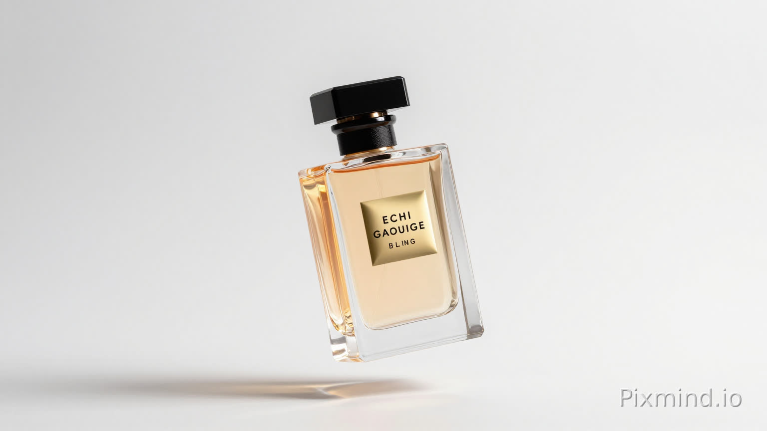 A luxury perfume bottle floating on a perfectly clean transparent background with soft studio lighting, professional product photography, clean minimal aesthetic, no background elements, product appears to float with subtle shadow beneath