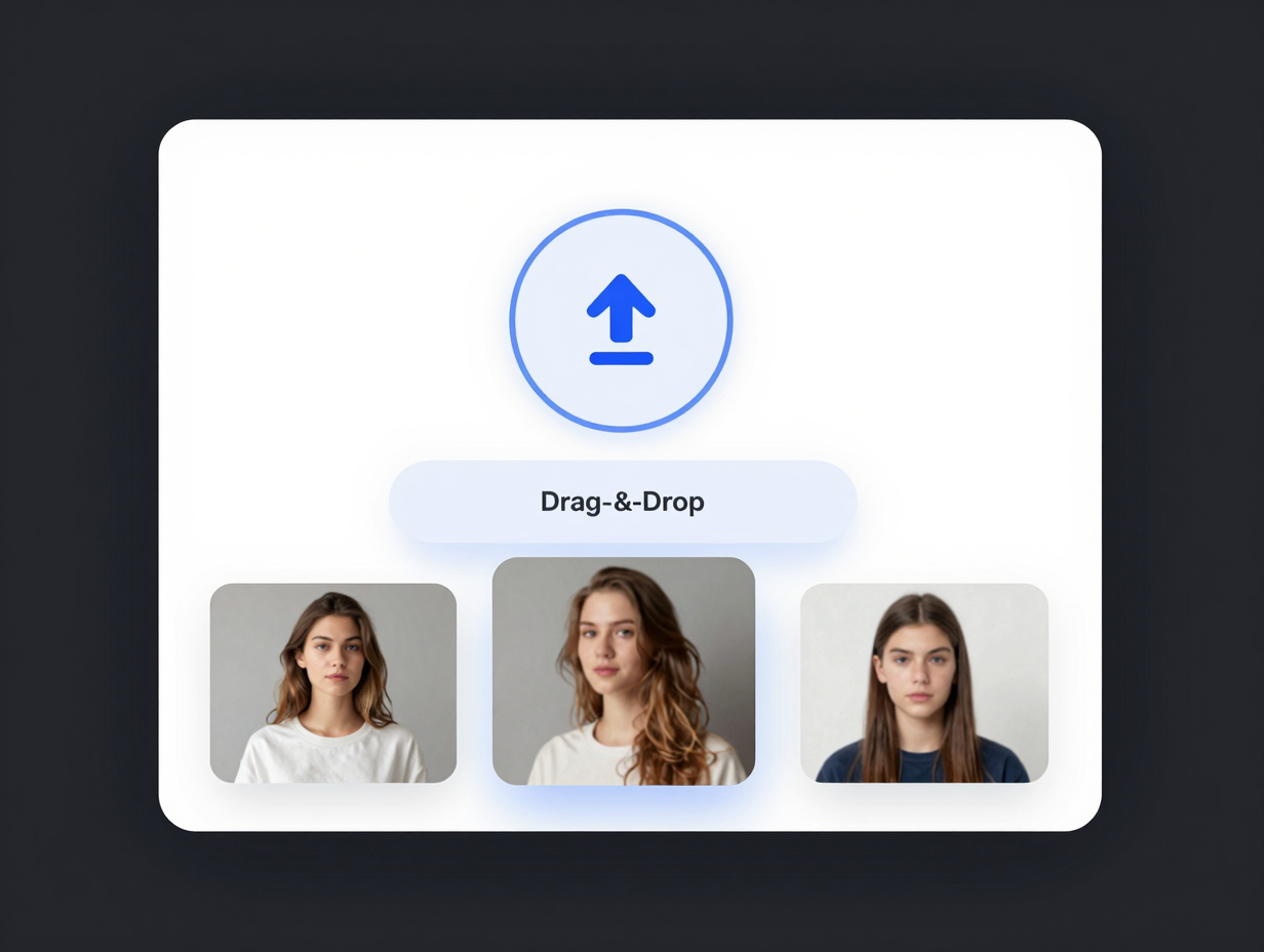 Clean modern UI mockup of image upload interface with drag-and-drop zone, upload icon, blue accent border, floating image thumbnails, dark mode software design