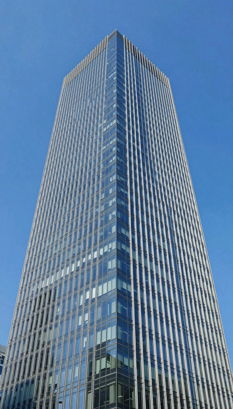 Modern glass skyscraper against clear blue sky, architectural photography with geometric lines and reflections, building clearly against sky