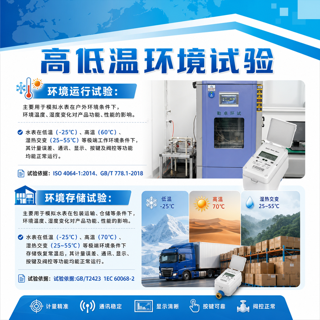 帮我生成70X100cm的竖向满版海报,内容是:高低温环境试验
环境运行试验:主要用于模拟水表在户外环境条件下,环境温度、湿度变化对产品功能、性能的影响。
水表在低温(-25℃)、高温(60℃)、湿热交变(25~55℃)等极端工作环境条件下,其计量误差、通讯、显示、按键及阀控等功能均能正常运行。
试验依据:ISO 4064-1:2014、GB/T 778.1-2018
环境存储试验:主要用于模拟水表在包装运输、仓储等条件下,环境温度、湿度变化对产品功能、性能的影响。
水表在低温(-25℃)、高温(70℃)、湿热交变(25~55℃)等极端环境条件下存储恢复常温后,其计量误差、通讯、显示、按键及阀控等功能均能正常运行。
试验依据:试验依据:GB/T2423 1EC 60068-2