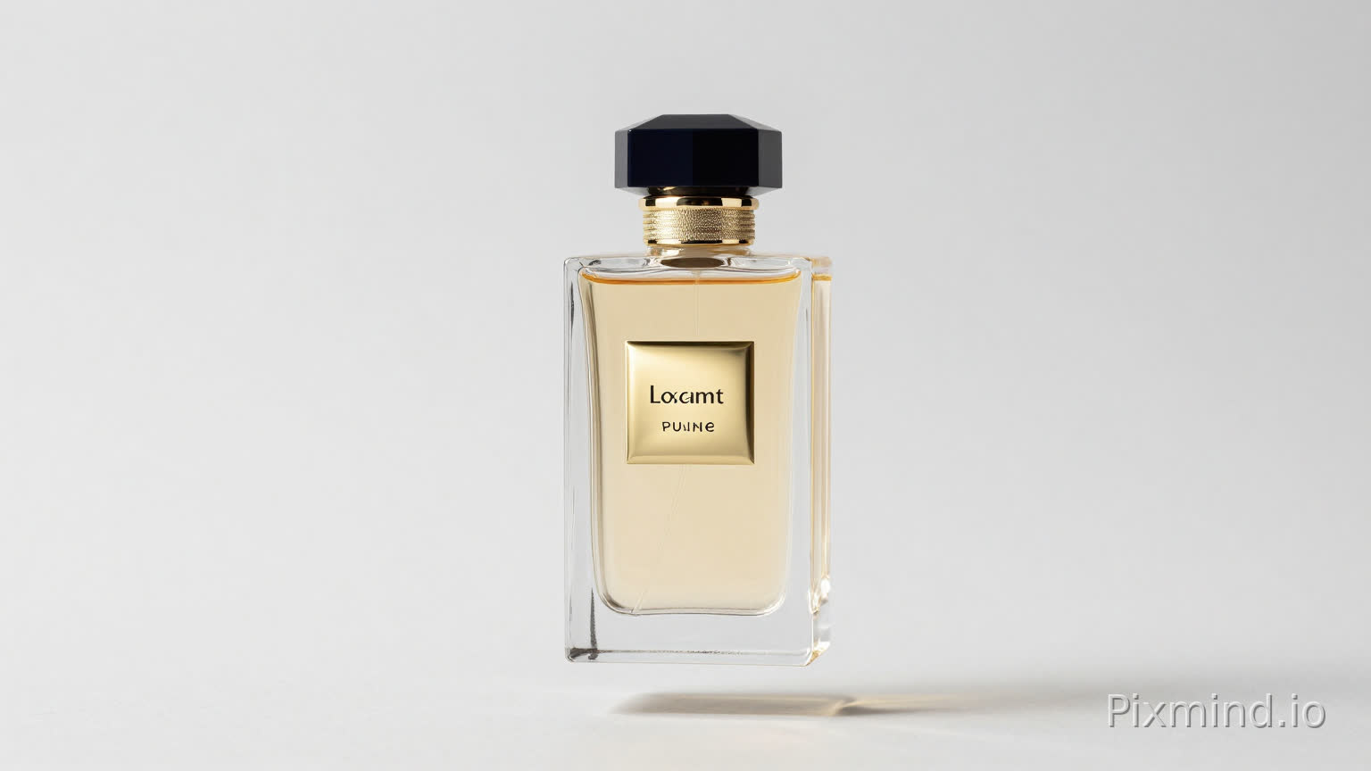 A luxury perfume bottle floating on perfectly clean transparent background, soft studio lighting, professional product photography, clean minimal aesthetic, subtle shadow beneath