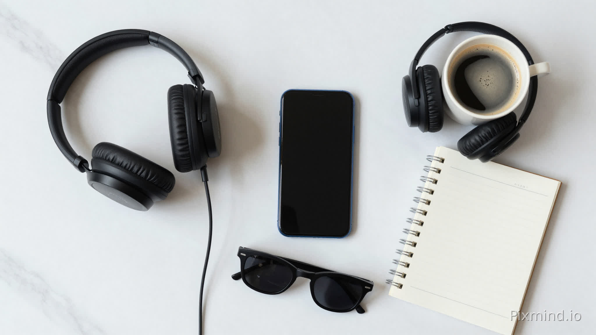 A stylish flat-lay on marble surface with smartphone, headphones, coffee cup, notebook and sunglasses arranged artistically, each object clearly distinguishable, modern lifestyle photography, overhead view