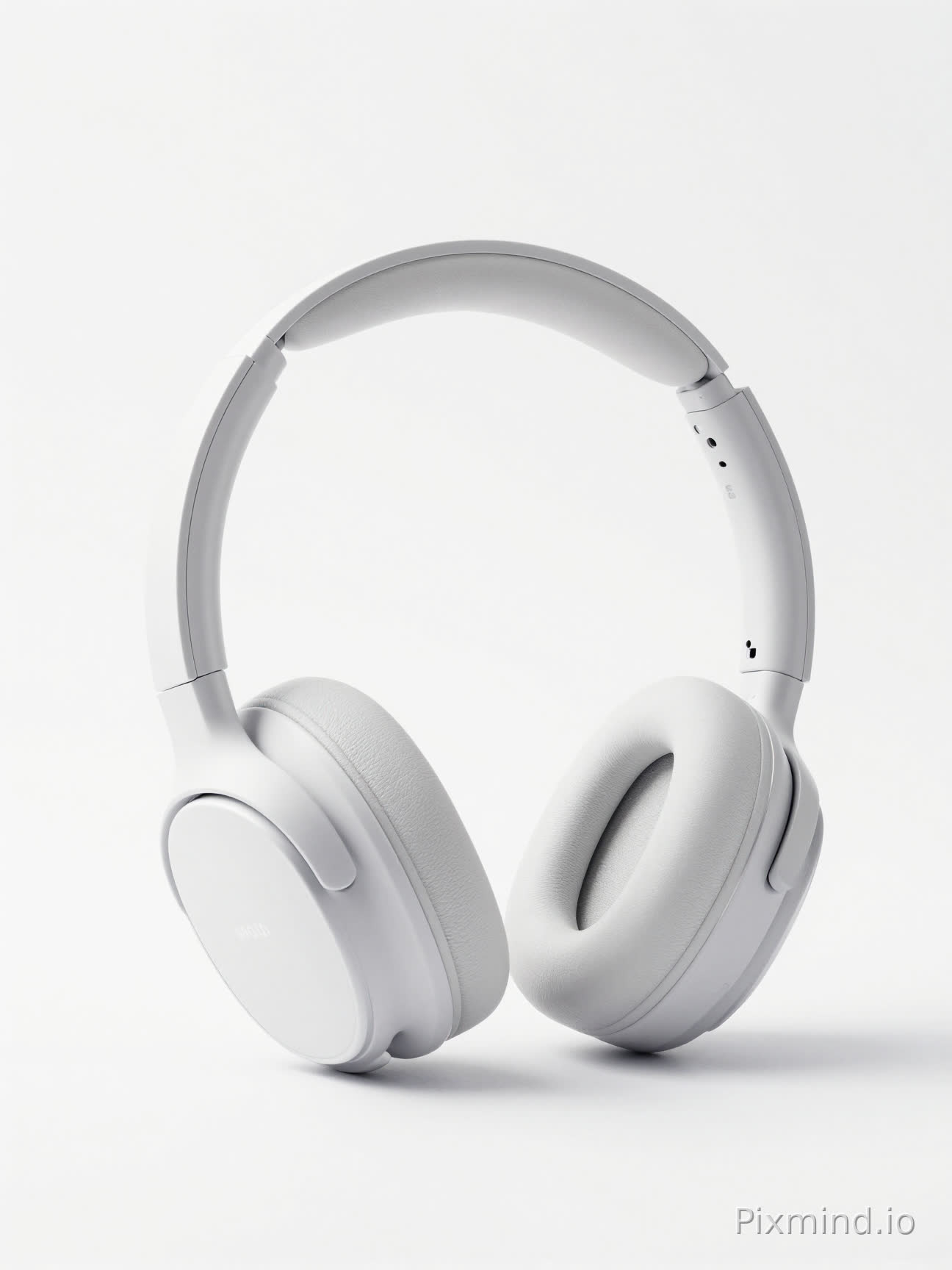 Professional e-commerce photo of sleek white wireless headphone on pure white background, studio lighting, high-end commercial photography, product centered