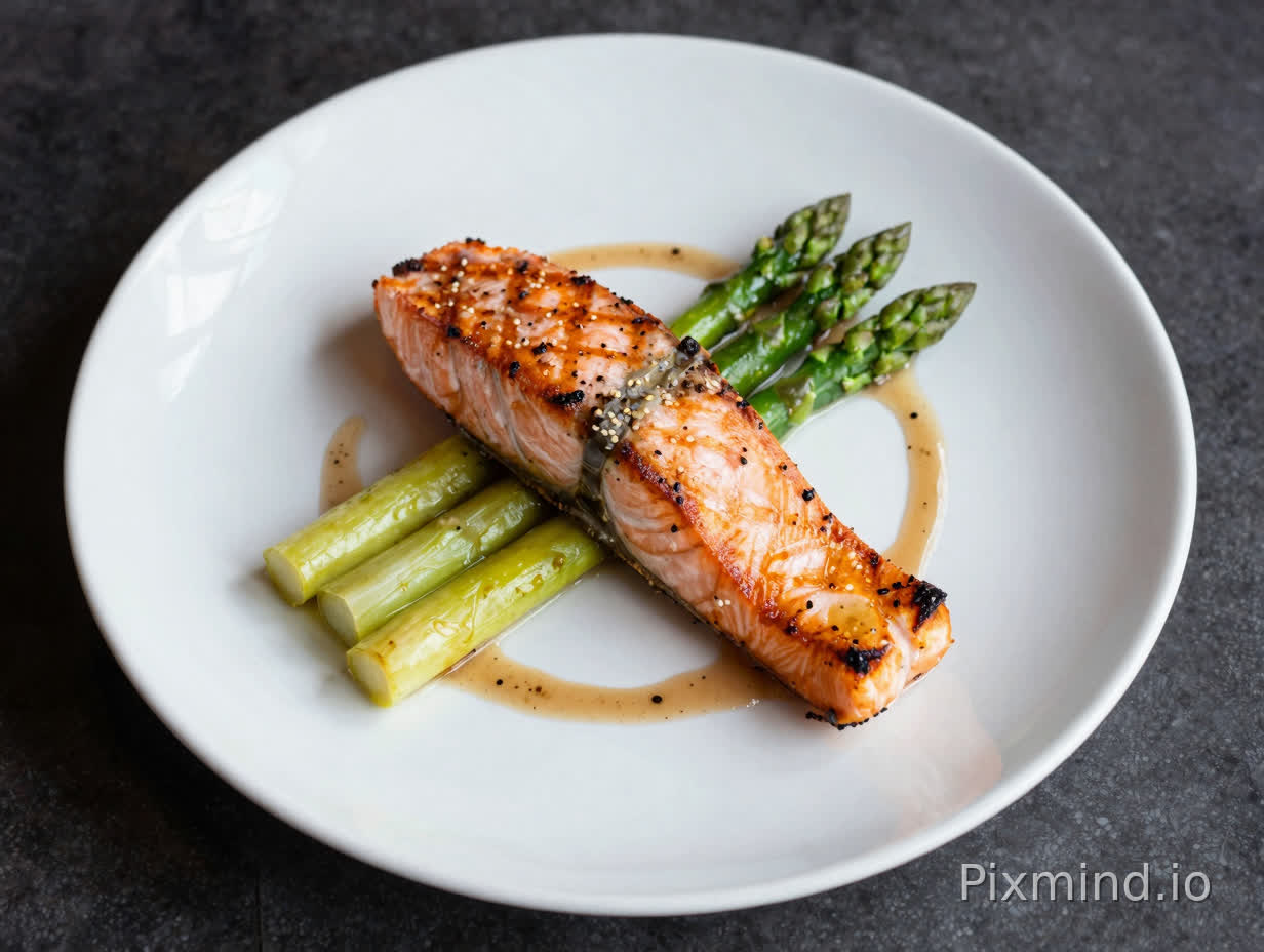 Beautifully plated gourmet dish with grilled salmon, asparagus and sauce on white ceramic plate, professional food photography, dark moody background, soft lighting